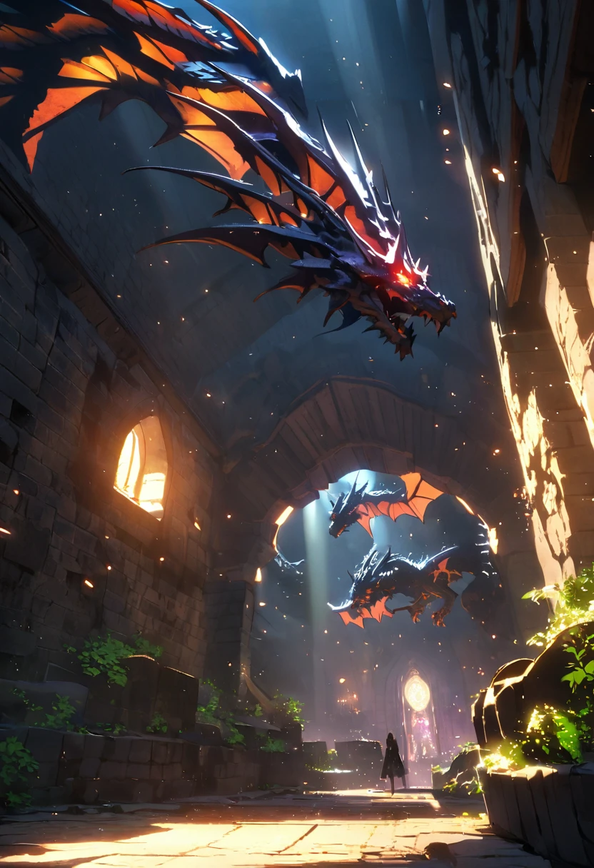 very aesthetic, hinoe \(dd works\), 0 ebj, 10million, nixeu, ((dragon:1.2)), dungeon, dark, light, hdr, ray tracing