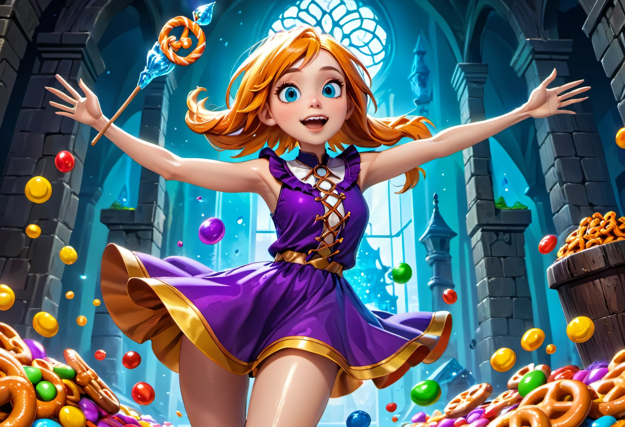 female Gummy adventurers,rock candy dungeon,dreaded skeletal mage made of pretzels,high fantasy,food dreaming,(best quality,4k,8k,highres,masterpiece:1.2),ultra-detailed,(realistic,photorealistic,photo-realistic:1.37),vivid colors,portraits,HDR,sharp focus,physically-based rendering,extreme detail description,professional,studio lighting,colorful,surreal lighting,dynamic composition,unexpected twist,magic essence