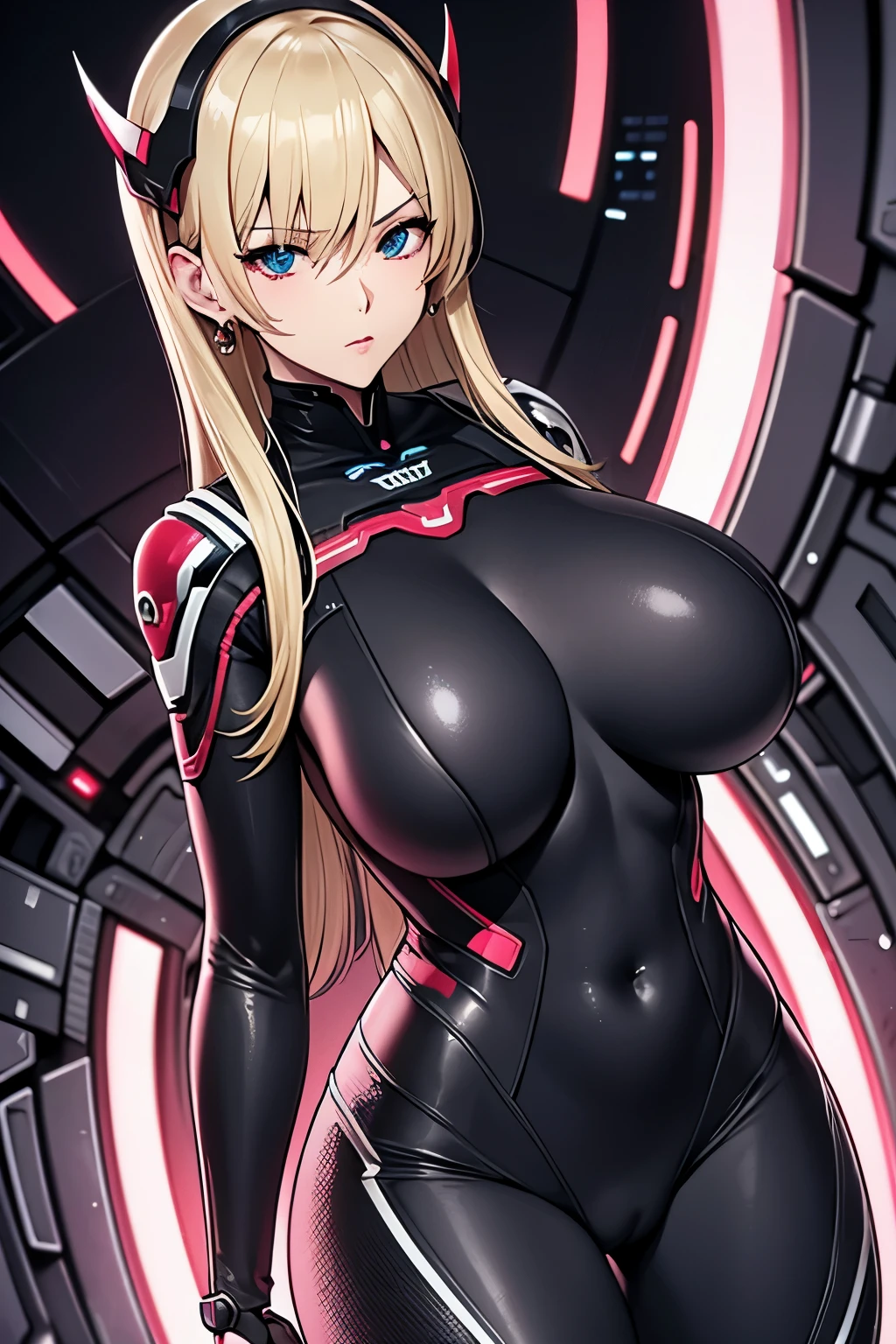 , woman in a futuristic suit, highly detailed face, cool, mom, tomboy, very large breailf), matface, ( female), cybe anime girl wearing tight suit, milfication, Elegant body,el focus, naked body, gloves, earrings, ce fiction, female protagonist, standing, volumetric light, detailed lighting, detailed textures, oppai cyberpunk, biomechanical oppai, masterpiece, best quality eyes, sci-fi background, futuristic landscape, low angle, (smooth surface), (simple body suit), gold hair