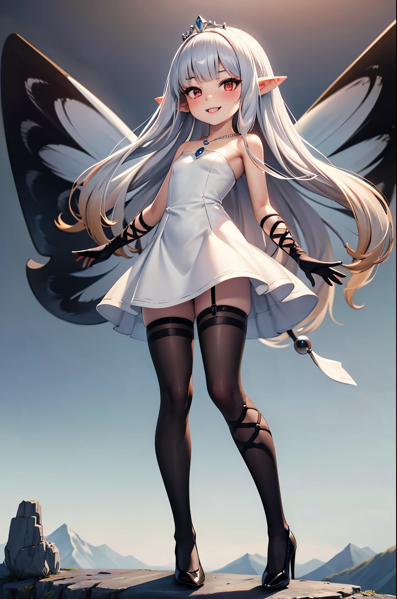 micro-landscape, micro-kingdom, toy-size kingdom, tiny-kingdom, nano-kingdom, nanoscopic-mountains, nanoscopic-trees, giant-1girl, immense-girl, colossal-girl, evil, (villain:1), standing proud, full-body, high resolution face, white hair, gradient hair, pointy ears, glowing pendant, strapless dress, (full bridal dress outfit:1), fairy wings, arm wrap, black gloves, leg wrap, black footwear, flat chest, mean, very thin, skinny legs, smile, sexy stockings, tiara, glowing red eyes, makeup, blush, eye shadow, rings, pearls, necklaces, flawless shiny silver hair, black heels, looking at viewer, from below, solo,