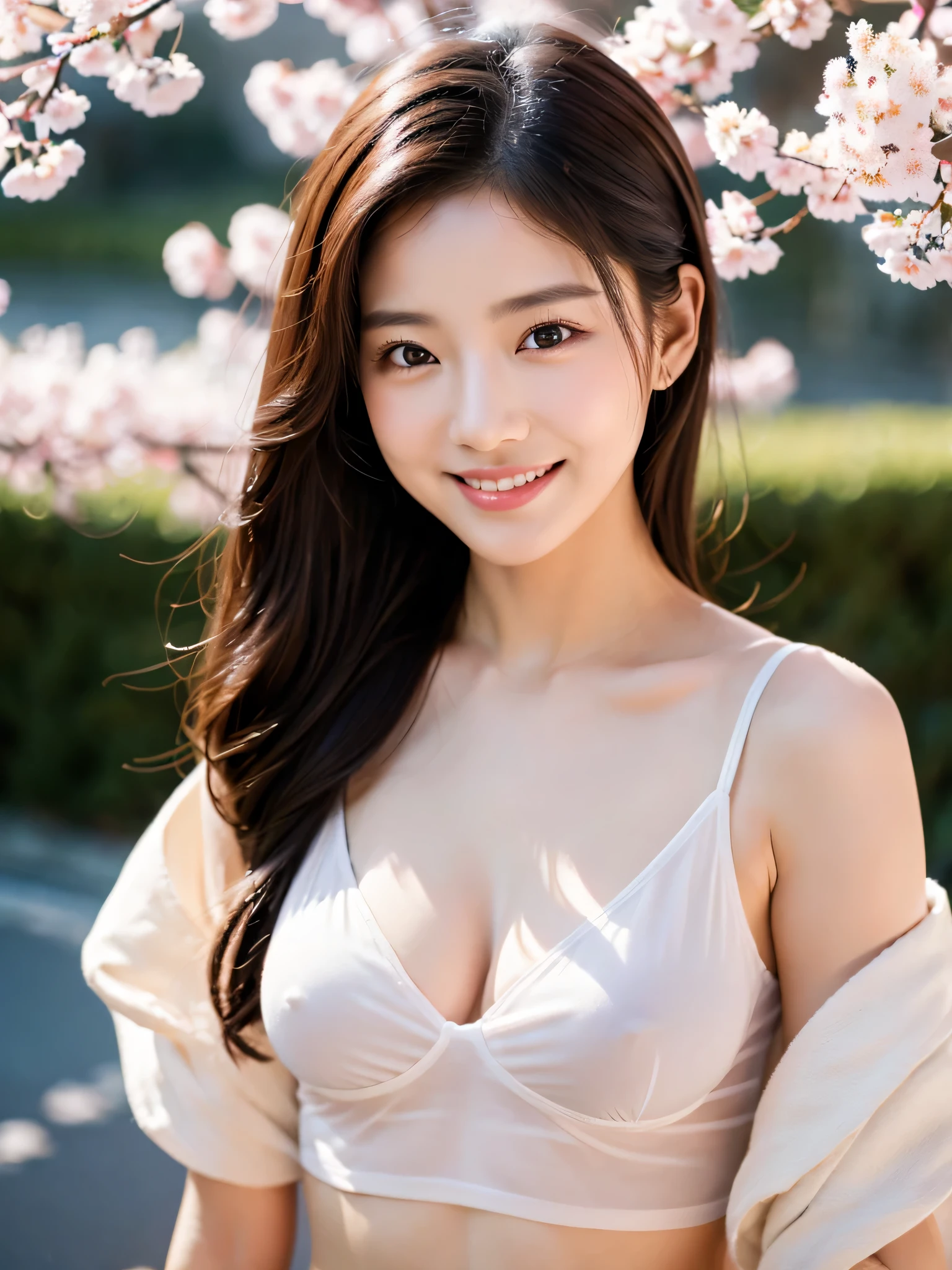 1 Attractive、((highest quality、8K masterpiece:1.3))、sharp focus:1.2、(super beautiful face:1.0)、(shiny skin:1.0)、realistic pictures、black haired、video writing、High resolution eyes and face、video writing、(cute korean actress)、from the front、beautiful breasts、smile、The beauty of slender abs、whole body、Wearing a see-through T-shirt、In Kyoto at night、On a hill with falling cherry blossoms