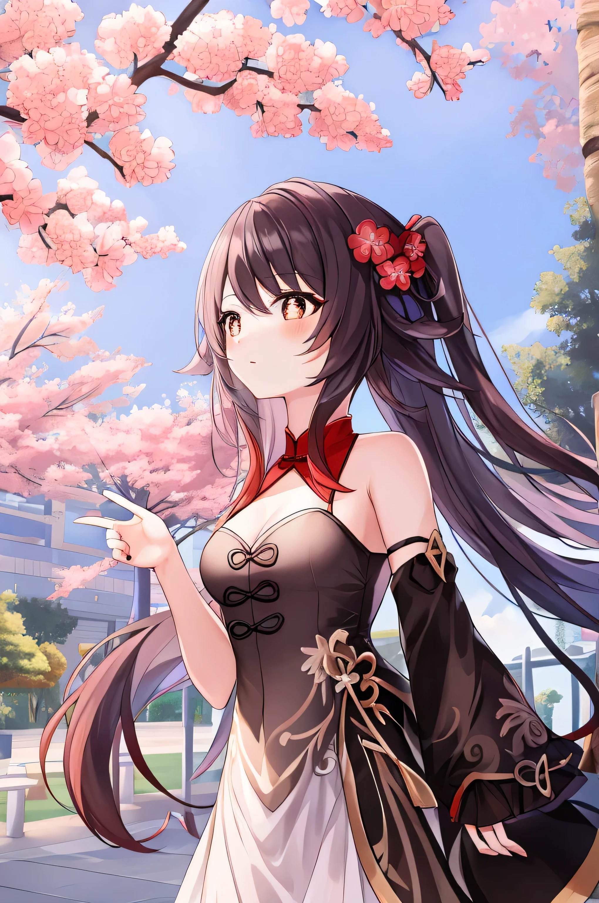 HuTaoV4,1 girl,alone,long hair, Off the shoulders, clavicle, split, look at the audience, perfect fingers, Underarm Peeping, frills, Beautiful flowers bloom, (sparkling), (There is a blooming cherry blossom),standing under the tree, (Look up), look at trees, natural soft light, Macaron, Still ethereal, Bright and smooth lines, brilliant morning light, soft glow, Underarm Peeping,