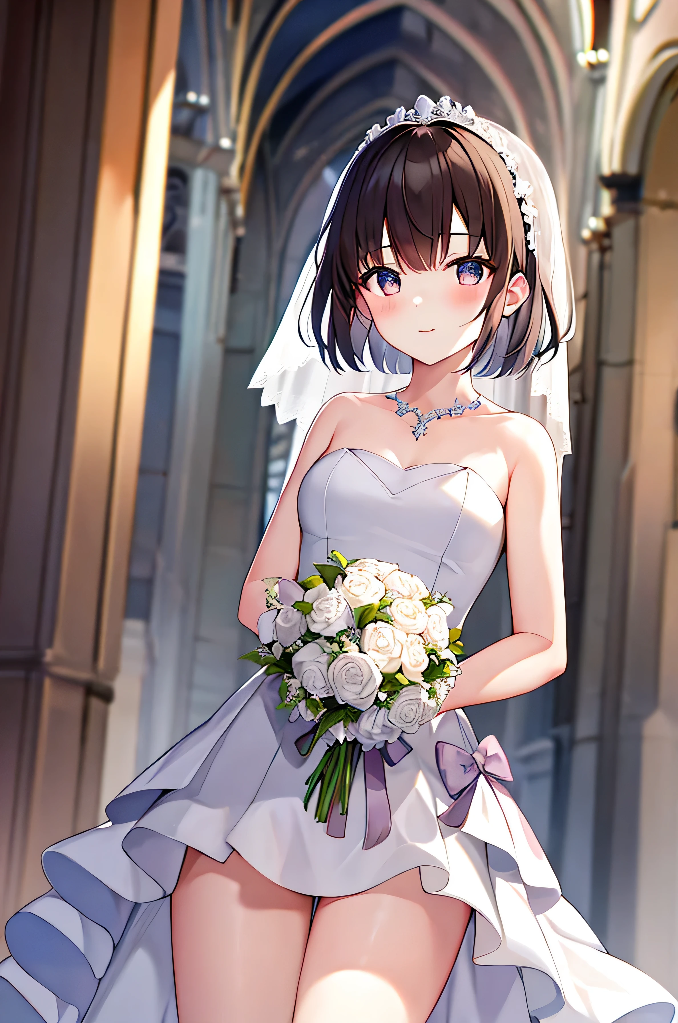 masterpiece, best quality, high resolution, nnn1, 1 girl, Headbands, short hair, wedding dress, mini skirt, wedding_veil, split, bouquet, church, Cowboy shooting, looking at the audience,