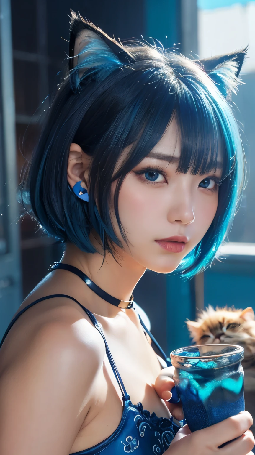 masterpiece, 4k, Bokeh, beautiful face, (multiple girls:1.4), Harem, (group photo:1.2), (Cat ear:1.3), (blue medium bob hair:1.4), (blue theme:1.6), looking at the viewer, Broses, cowboy shot, (blue cafe background:1.5),