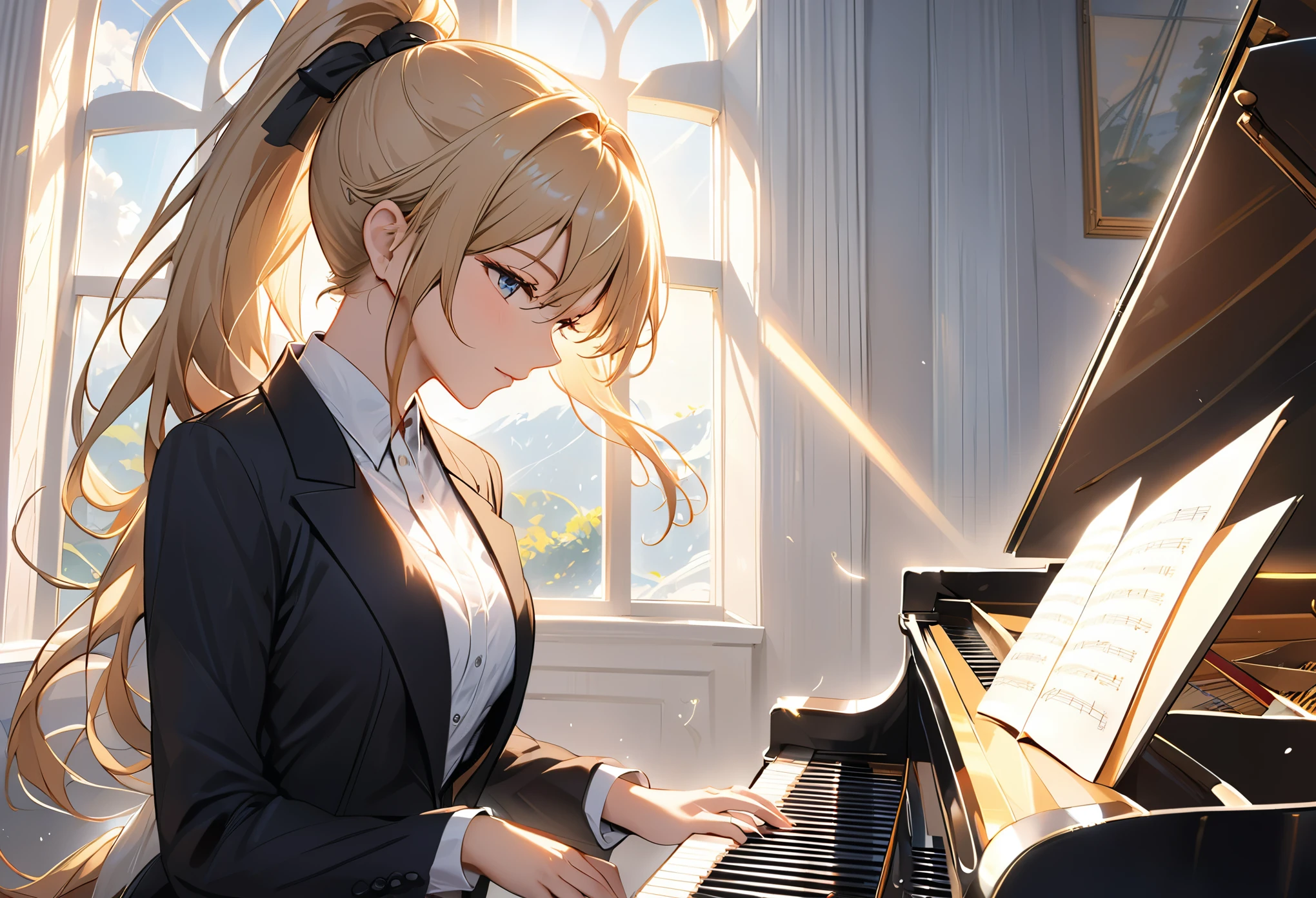 Masterpiece, solo, female, blonde hair, long ponytail, white shirt, black blazer, piano, window, light, ray trancing, elegant