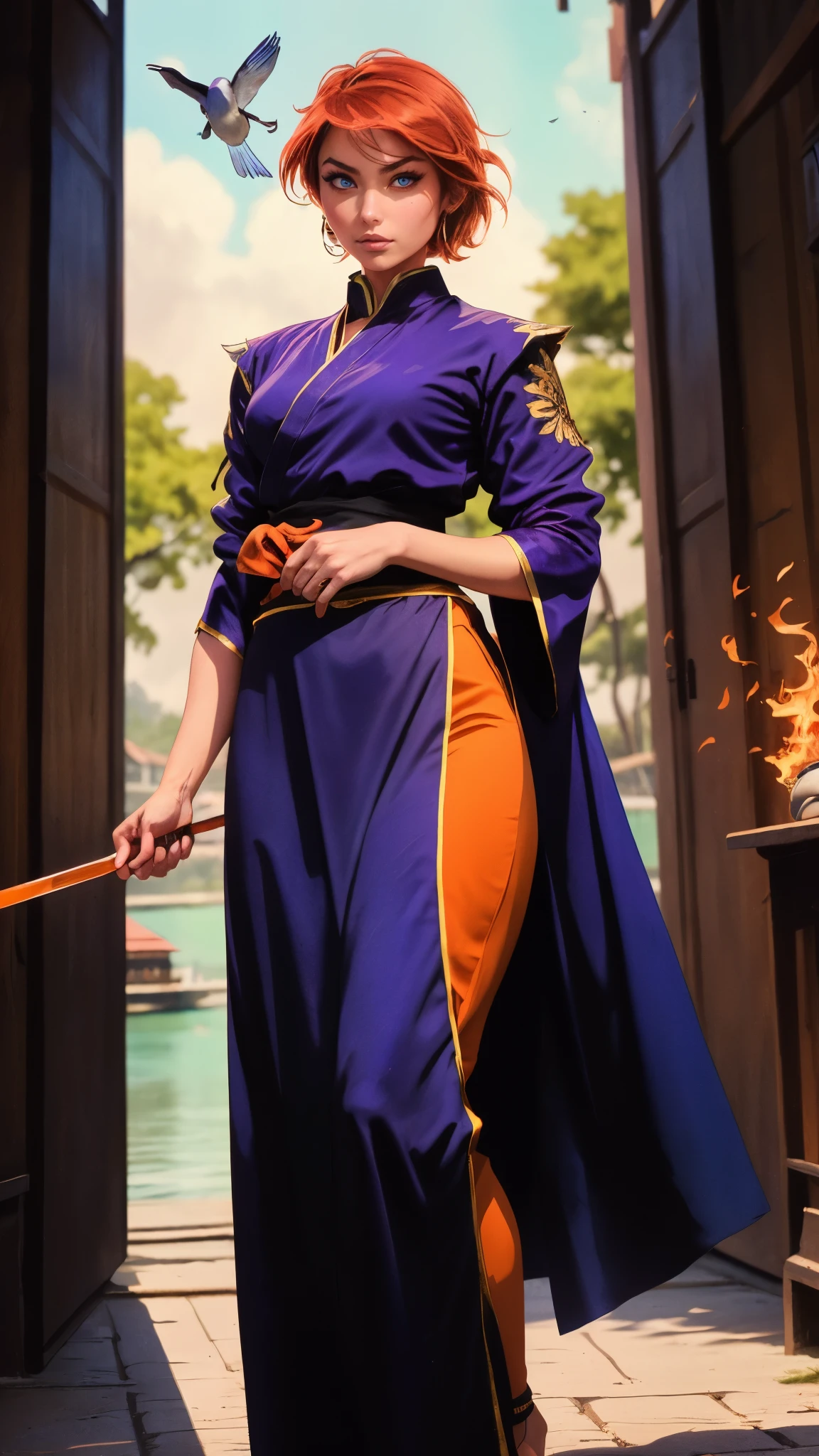 ((A woman with tousled vibrant red short hair, side-swept bangs, sharply arched eyebrows, sharp upward-arched thick eyebrows, sharp gaze, slender elongated face, a slim figure, a fantasy martial arts-style loose solid-color Daoist robe, wide billowing sleeves, a voluminous long skirt, orange as the main color, complemented by blue accents, a small bird formed of flames flies beside her, the scene is set in a fantasy-style Chinese lakeside courtyard)), this character embodies a finely crafted a fantasy martial arts practitioner in anime style, exquisite and mature manga art style, feminine, high definition, best quality, highres, ultra-detailed, ultra-fine painting, extremely delicate, professional, perfect body proportions, golden ratio, anatomically correct, symmetrical face, extremely detailed eyes and face, high quality eyes, creativity, RAW photo, UHD, 32k, Natural light, cinematic lighting, masterpiece-anatomy-perfect, masterpiece:1.5