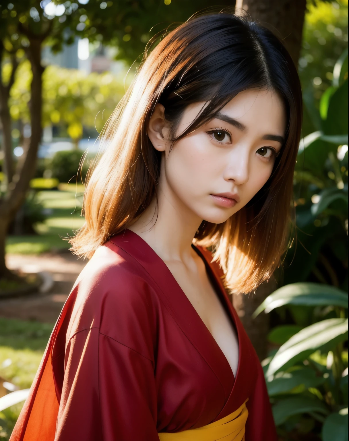 Mulher japonesa, cabelo longo e liso, olhos castanhos, roupa oriental chique, serious face, luz escura
