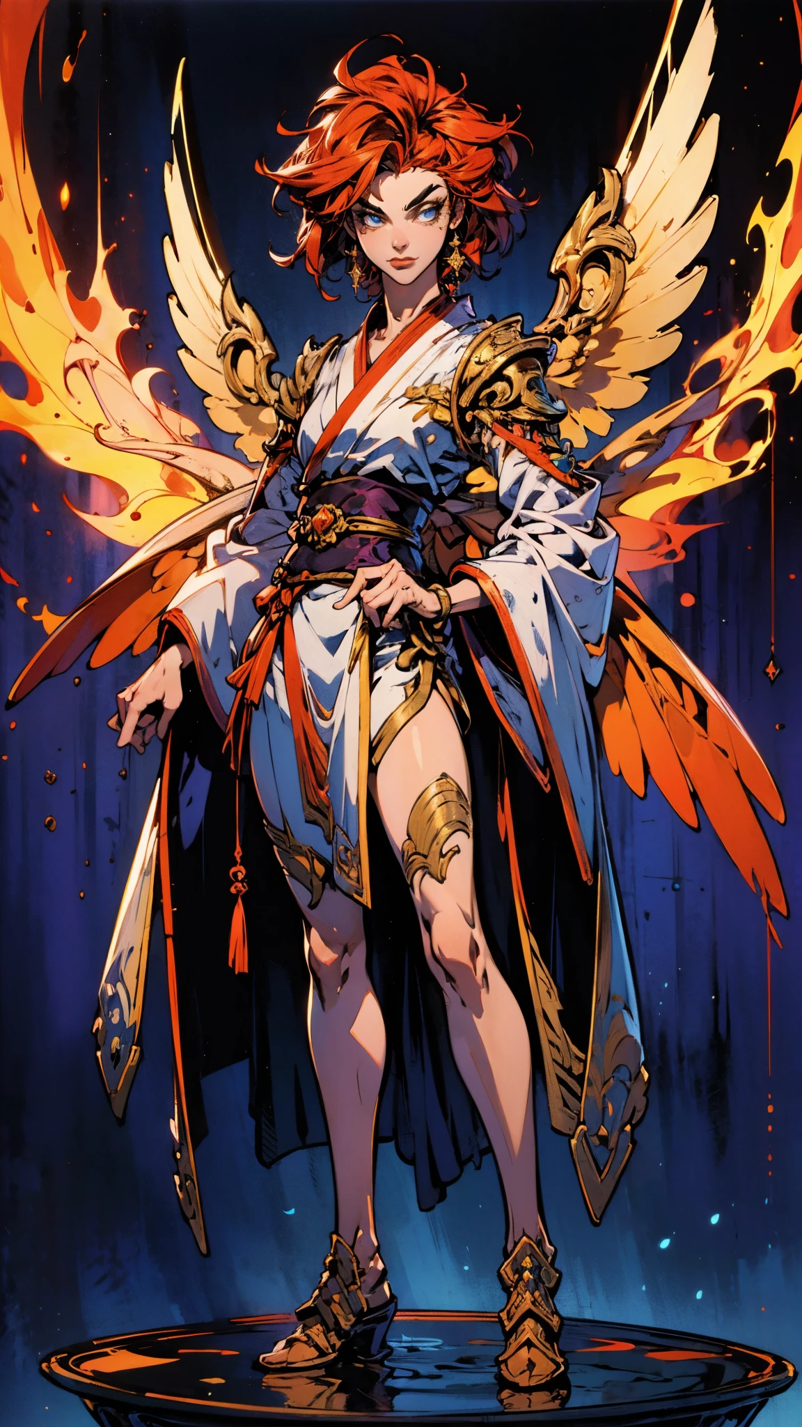((A woman with tousled vibrant red short hair, side-swept bangs, sharply arched eyebrows, sharp upward-arched thick eyebrows, sharp gaze, slender elongated face, a slim figure, a fantasy martial arts-style loose solid-color Daoist robe, wide billowing sleeves, a voluminous long skirt, orange as the main color, complemented by blue accents, a small bird formed of flames flies beside her, the scene is set in a fantasy-style Chinese lakeside courtyard)), this character embodies a finely crafted a fantasy martial arts practitioner in anime style, exquisite and mature manga art style, feminine, high definition, best quality, highres, ultra-detailed, ultra-fine painting, extremely delicate, professional, perfect body proportions, golden ratio, anatomically correct, symmetrical face, extremely detailed eyes and face, high quality eyes, creativity, RAW photo, UHD, 32k, Natural light, cinematic lighting, masterpiece-anatomy-perfect, masterpiece:1.5