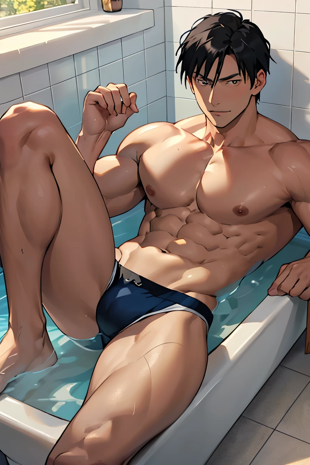 Roy Mustang from Full Metal Alchemist lying in a bathtub, bathroom, wearing tight swimwear showing the leg muscles, bodybuilder, with oiled skin, handsome, big legs, defined body, topless, shirtless, abs