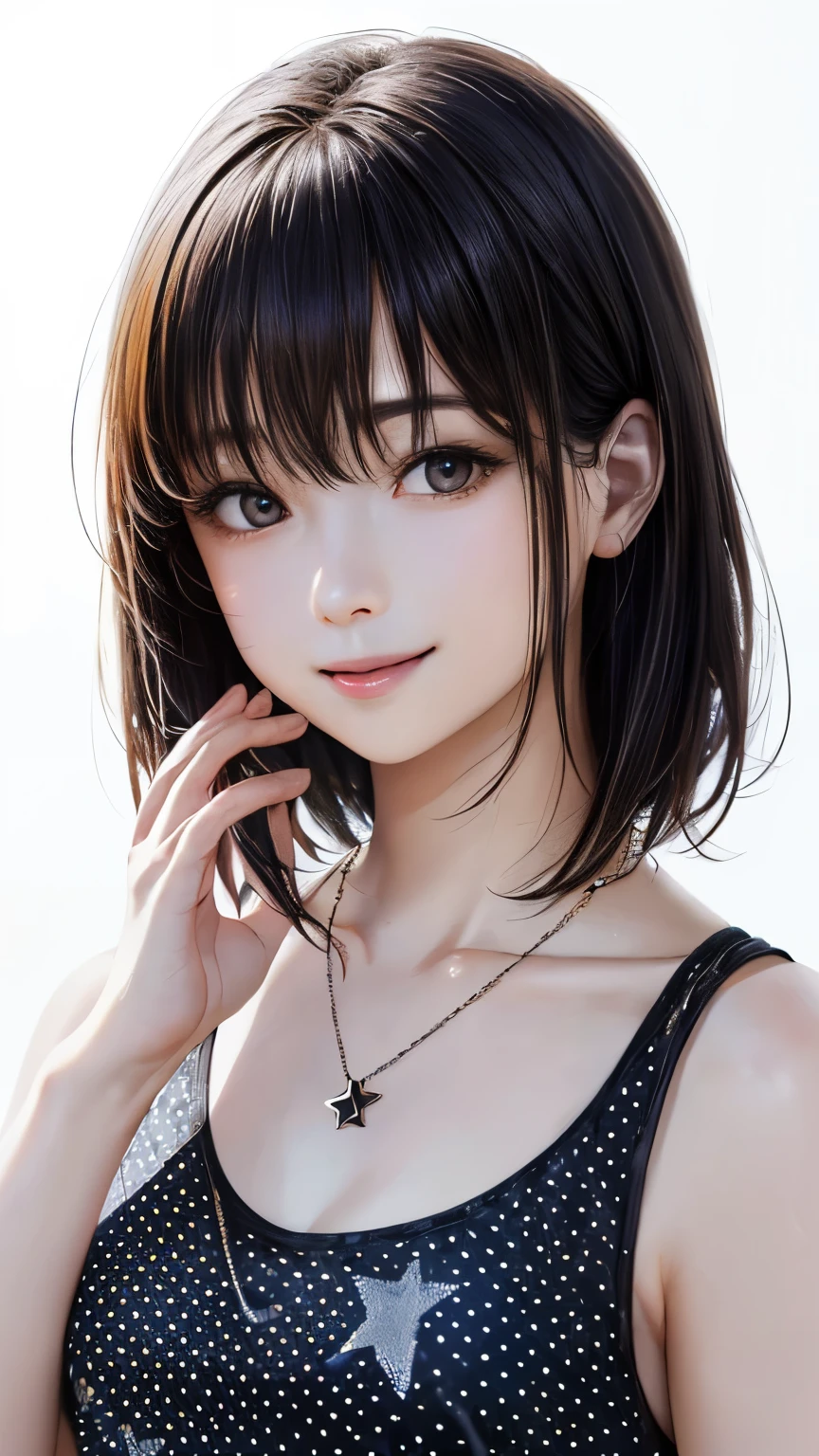 (highest quality、8K、32k、masterpiece)、(realistic)、(Photoreal:1.2)、(High resolution)、Super detailed、very beautiful face and eyes、1 girl、round and small face、thin waist、delicate body、(highest quality、high detail、Rich skin details)、(highest quality、8K、oil paint:1.2)、Super detailed、(realistic、realistic:1.37)、bright colors、(((black hair)))、(((medium hair)))、(((full body shot)))、(((pure white wall background)))、(((pure white wall background)))、(((I&#39;m smiling)))、(((I&#39;m wearing a polka dot tank top)))、(((look straight ahead)))、(((wearing a star necklace)))、(((Touching my mouth)))、(((put your hand on your lips)))、