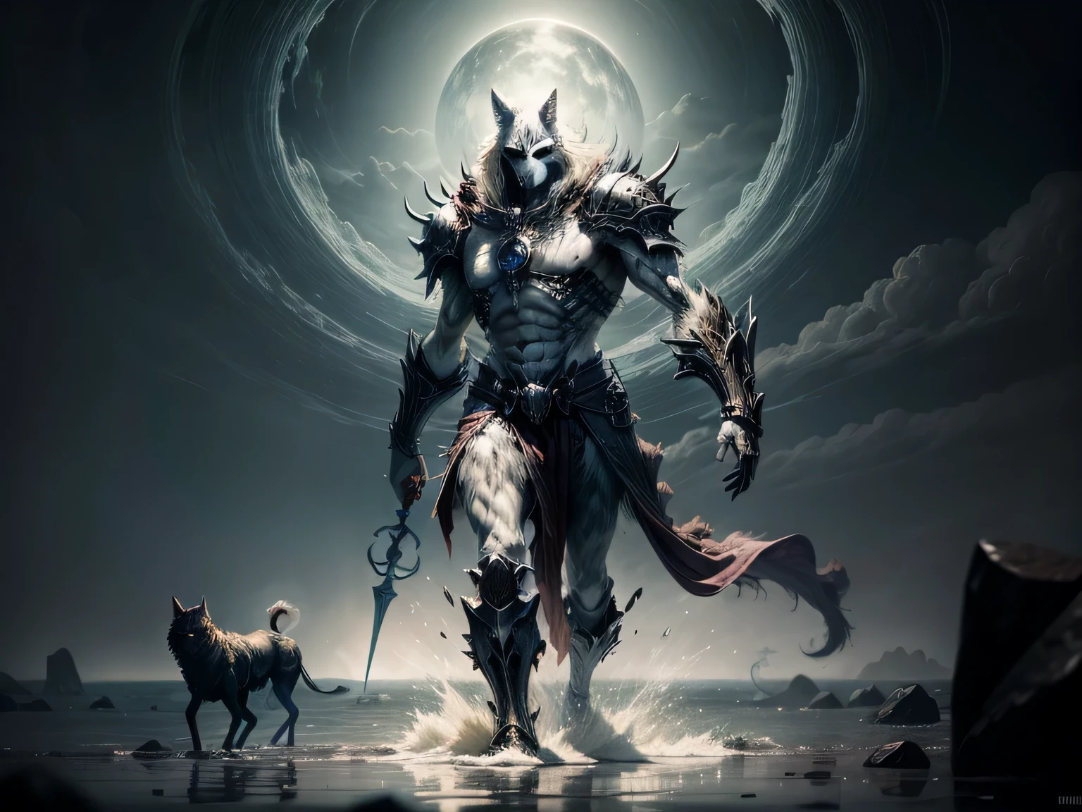 A skeleton king with translucent, ethereal skin, ruler of the wretched undead horde, stands proudly atop a desolate, wet sandy beach as the low tide relinquishes its hold. As the sun sets, casting long, eerie shadows, the king leads his malformed retinue - a motley crew of skeleton semi-aquatics, pig-like creatures, and wolf-infused monstrosities. Their skeletal forms, drenched in seawater, create a haunting spectacle as they move about the shore, their legs and tails dragging through the water, leaving trails of bubbles in their wake. Tattered r