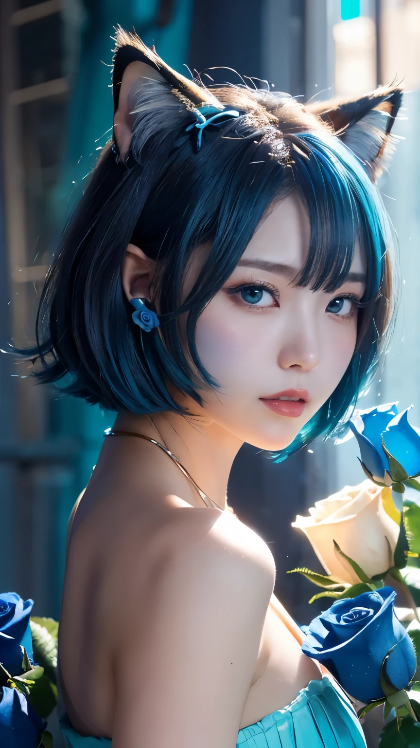 masterpiece, 4k, Bokeh, beautiful face, (multiple girls:1.4), Harem, (group photo:1.2), (Cat ear:1.3), (blue medium bob hair:1.4), (blue theme:1.6), looking at the viewer, (Blue roses:1.4), cowboy shot, (blue cafe background:1.5),