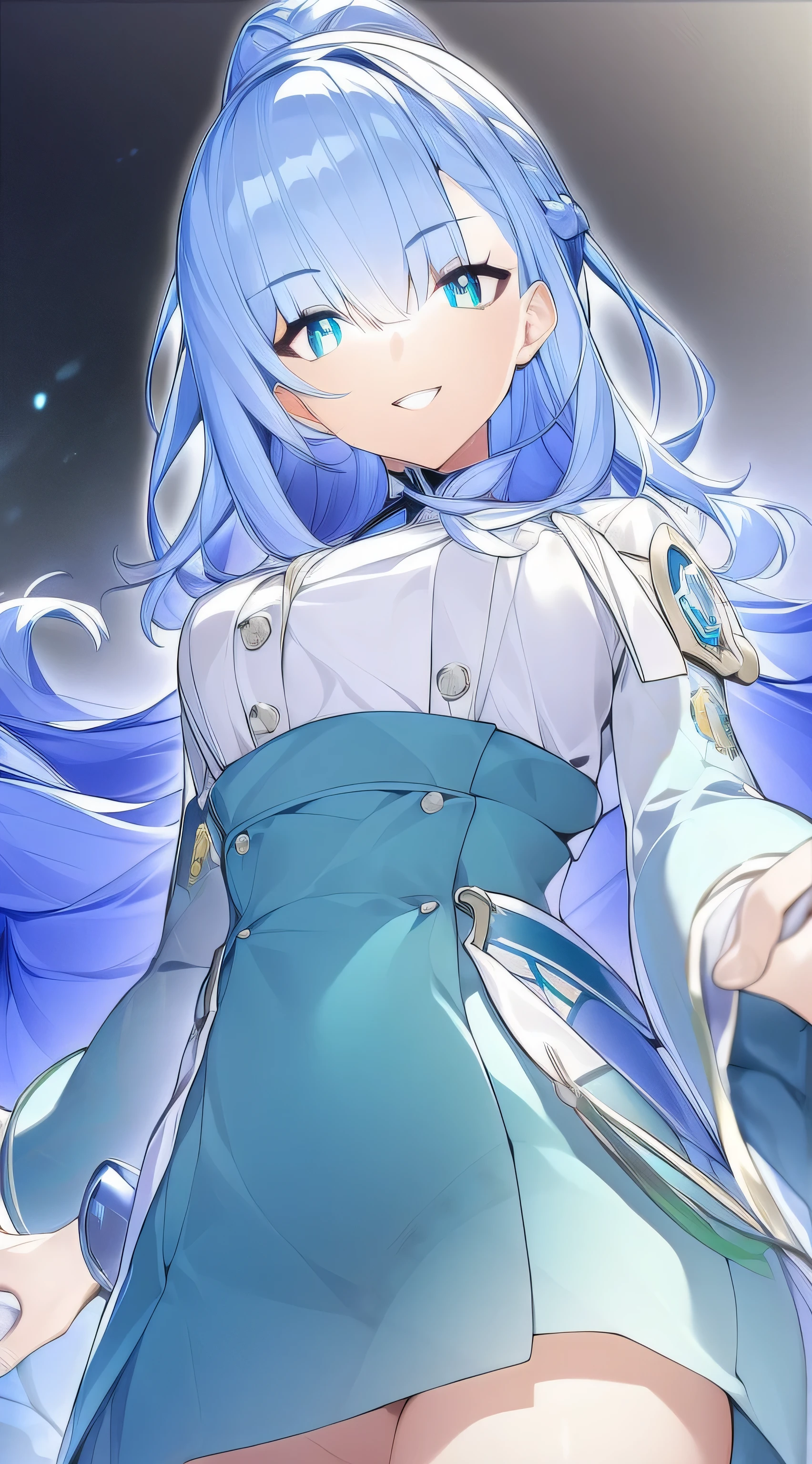 serihara_kanae, blue hair, long hair, blue eyes, small breast, small posture, white pharmacist coat, standing, smiling, visual novel cg style, BREAK looking at viewer, BREAK (masterpiece:1.2), best quality, high resolution, unity' 8k wallpaper, (illustration:0.8), (beautiful detailed eyes:1.6), extremely detailed face, perfect lighting, extremely detailed CG, (perfect hands, perfect anatomy)