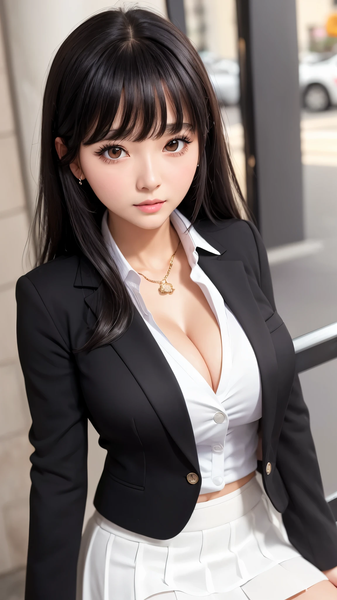 ((highest quality)), ((8k), (detailed face), (highlight), girl、cleavage、bangs、black hair、white skirt、blazer、