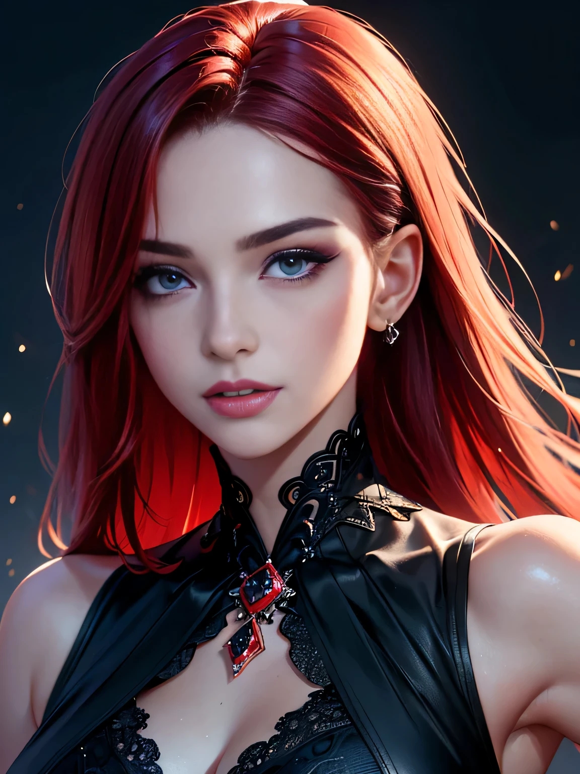 portrait shot, ((vivid red hair)), mature woman, 30 years old, diamond face, moonlight, red starry sky background, depth of field, magic, big red lips, ((dark black eyes)) black and red long and full dress, covered chest, mystical atmosphere, ominous shadows, Intense blue aura, Intense red aura (best quality:1.2), absurdres, intricate details, (highly detailed skin:1.2), smile expression, posing, taut and well defined body, attractive. Highly realistic, pale skin, beautiful, hyperrealism, skin very elaborated, direct gaze, (RAW, analogue, Nikon Z 14mm ultra-wide angle lens, award-winning glamour photograph, ((best quality)), ((masterpiece)), ((realistic)), skin pores, subsurface scattering, high-res, detailed facial features, high detail, sharp focus, smooth, aesthetic, extremely detailed, (extremely detailed eyes, extremely detailed iris), extremely detailed hair, extremely detailed skin, extremely detailed clothes, octane render, photorealistic, realistic, post-processing, max detail, realistic shadows, roughness, natural skin texture, real life, ultra-realistic, photorealism, photography, 8k UHD, photography, hdr, intricate, elegant, highly detailed, sharp focus, stunning, beautiful, gorgeous), realistic, masterpiece, highest quality, movie still, cloud girl, floating in the sky, (close-up:1.1), medium breast, bright, happy, fun, soft lighting, RAW photo, UHD, 32k, Natural light, cinematic lighting, masterpiece-anatomy-perfect, masterpiece:1.5