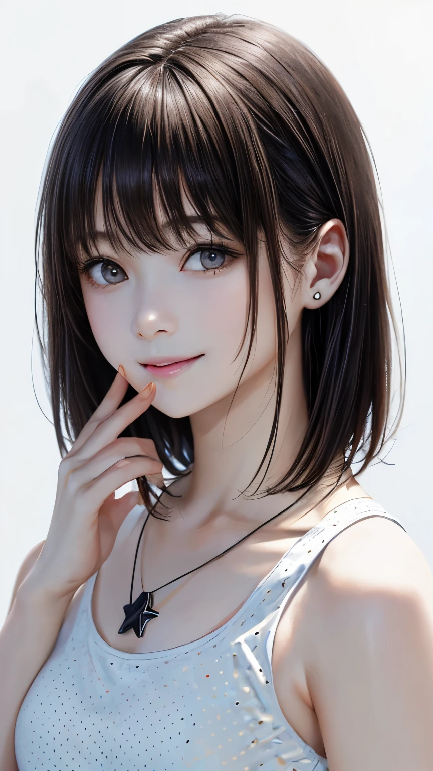 (highest quality、8K、32k、masterpiece)、(realistic)、(Photoreal:1.2)、(High resolution)、Super detailed、very beautiful face and eyes、1 girl、round and small face、thin waist、delicate body、(highest quality、high detail、Rich skin details)、(highest quality、8K、oil paint:1.2)、Super detailed、(realistic、realistic:1.37)、bright colors、(((black hair)))、(((medium hair)))、(((full body shot)))、(((pure white wall background)))、(((pure white wall background)))、(((I'm smiling)))、(((I'm wearing a polka dot tank top)))、(((Has a challenging look)))、(((wearing a star necklace)))、(((Touching my mouth)))、(((put your hand on your lips)))、