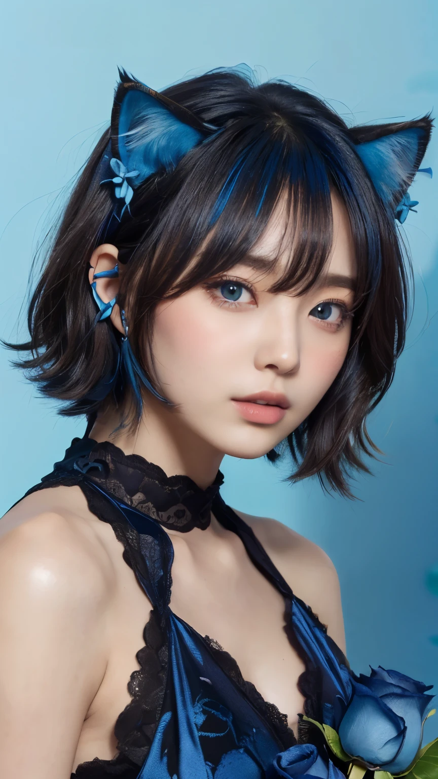 masterpiece, 4k, Bokeh, beautiful face, (multiple girls:1.4), Harem, (group photo:1.2), (Cat ear:1.3), (blue medium bob hair:1.4), (blue theme:1.6), looking at the viewer, (Blue roses:1.4), cowboy shot, (blue cafe background:1.5),