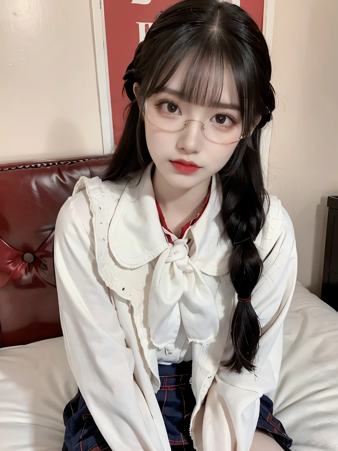 raw photo, 8k, (top-quality), Realistic, (real picture, Intricate details), (natural skin texture, detailed skin, hyper realism, sharpness), (Japanese teenage glasses girl sitting on bed in a hotel), ((school_uniform, navy blazer jacket, white blouse, red tie, plaid mini skirt)), (pale skin:1.2), slender body, ((braid hairstyle, blunt bangs)), (glasses seductive face, Parted lips:1.3, eye shadow, eyeliner, eye bag:1.2, red lip, undereye circle), thighs, red wall:1.3, full body shot