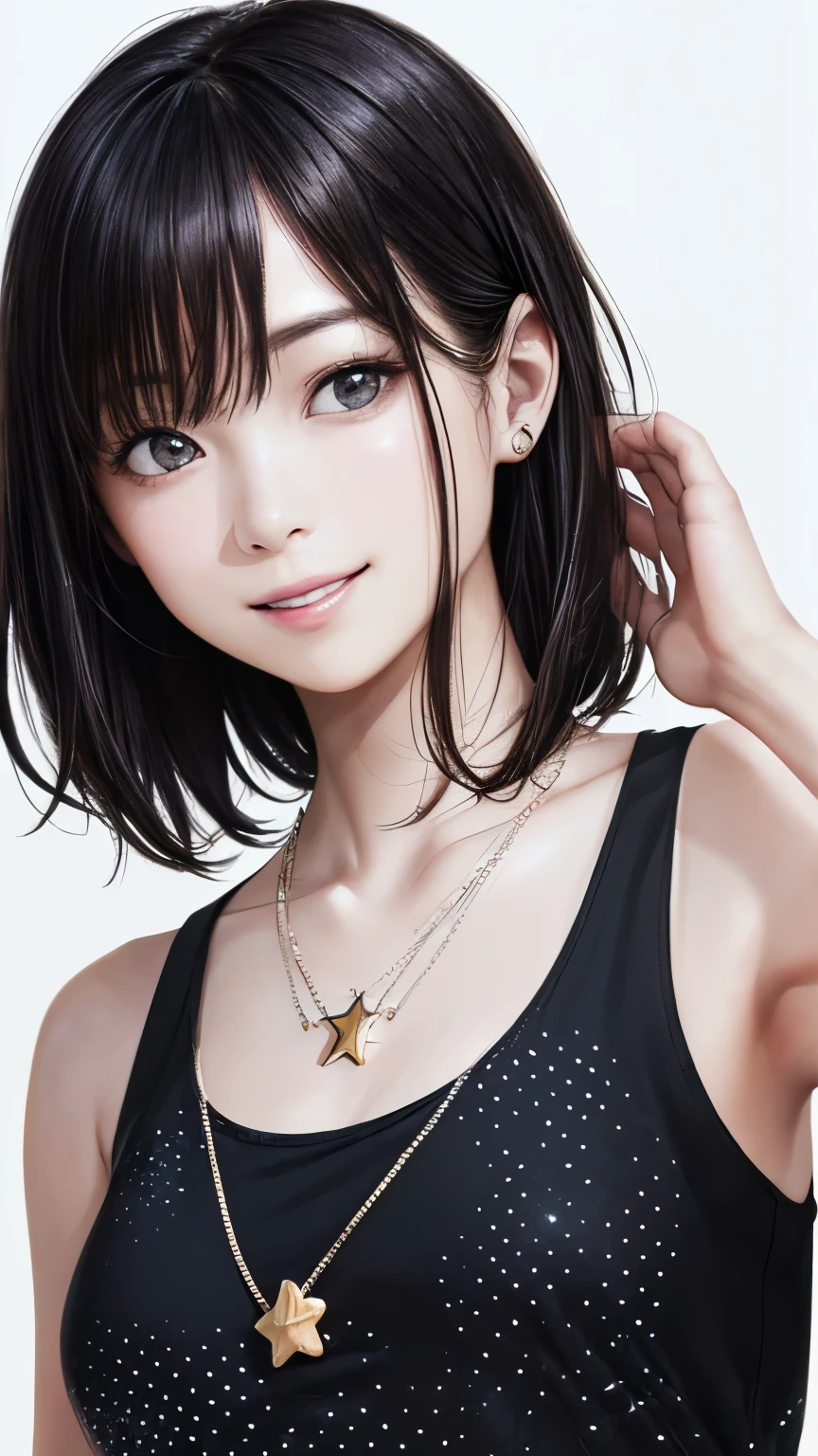 (highest quality、8K、32k、masterpiece)、(realistic)、(Photoreal:1.2)、(High resolution)、Super detailed、very beautiful face and eyes、1 girl、round and small face、thin waist、delicate body、(highest quality、high detail、Rich skin details)、(highest quality、8K、oil paint:1.2)、Super detailed、(realistic、realistic:1.37)、bright colors、(((black hair)))、(((medium hair)))、(((full body shot)))、(((pure white wall background)))、(((pure white wall background)))、(((I'm smiling)))、(((I'm wearing a polka dot tank top)))、(((Has a challenging look)))、(((wearing a star necklace)))、(((Touching my mouth)))、(((put your hand on your lips)))、