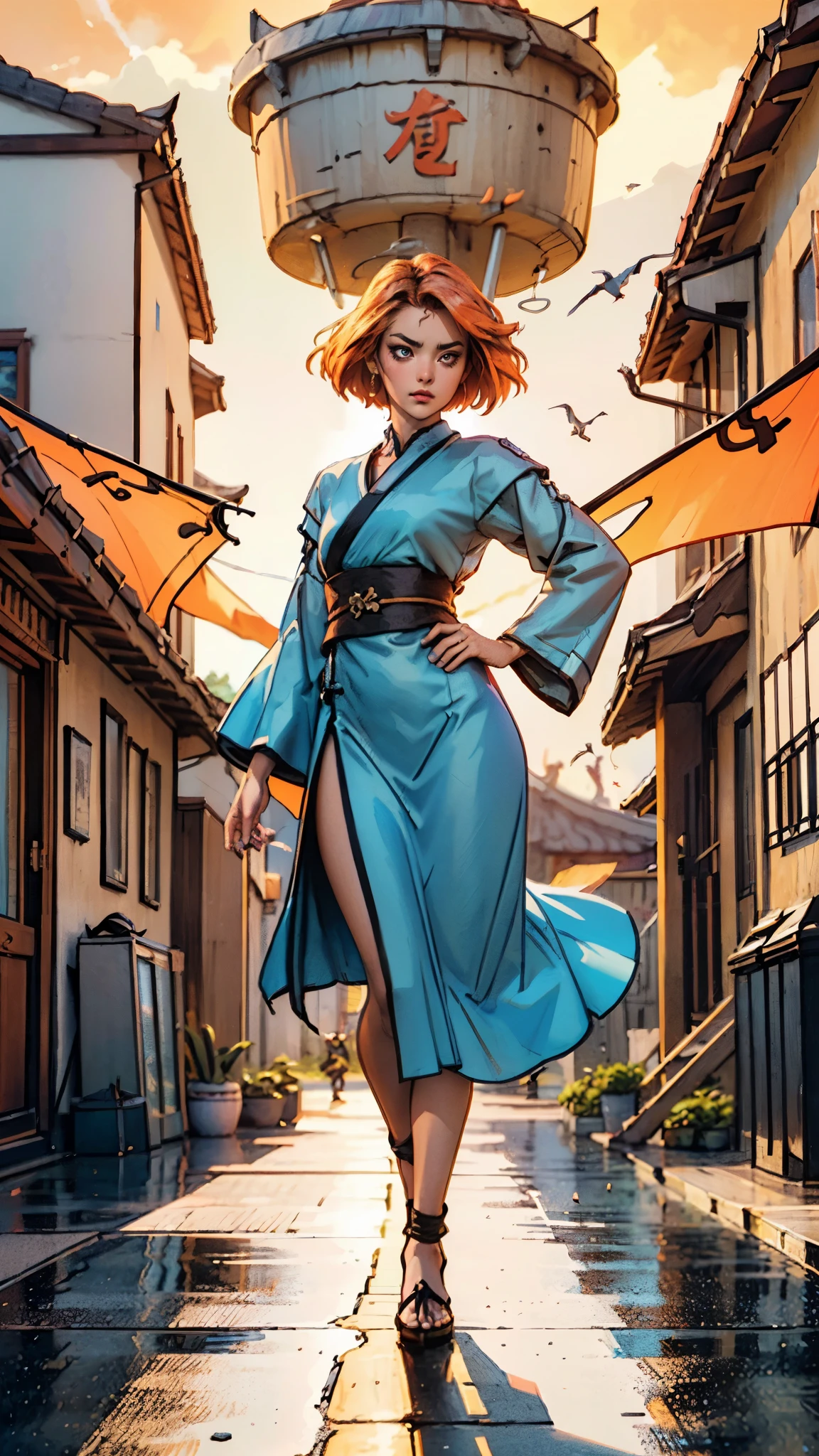 ((A woman with tousled vibrant red short hair, side-swept bangs, sharply arched eyebrows, sharp upward-arched thick eyebrows, sharp gaze, slender elongated face, a slim figure, a fantasy martial arts-style loose solid-color Daoist robe, wide billowing sleeves, a voluminous long skirt, orange as the main color, complemented by blue accents, a small bird formed of flames flies beside her, the scene is set in a fantasy-style Chinese lakeside courtyard)), this character embodies a finely crafted a fantasy martial arts practitioner in anime style, exquisite and mature manga art style, feminine, high definition, best quality, highres, ultra-detailed, ultra-fine painting, extremely delicate, professional, perfect body proportions, golden ratio, anatomically correct, symmetrical face, extremely detailed eyes and face, high quality eyes, creativity, RAW photo, UHD, 32k, Natural light, cinematic lighting, masterpiece-anatomy-perfect, masterpiece:1.5
