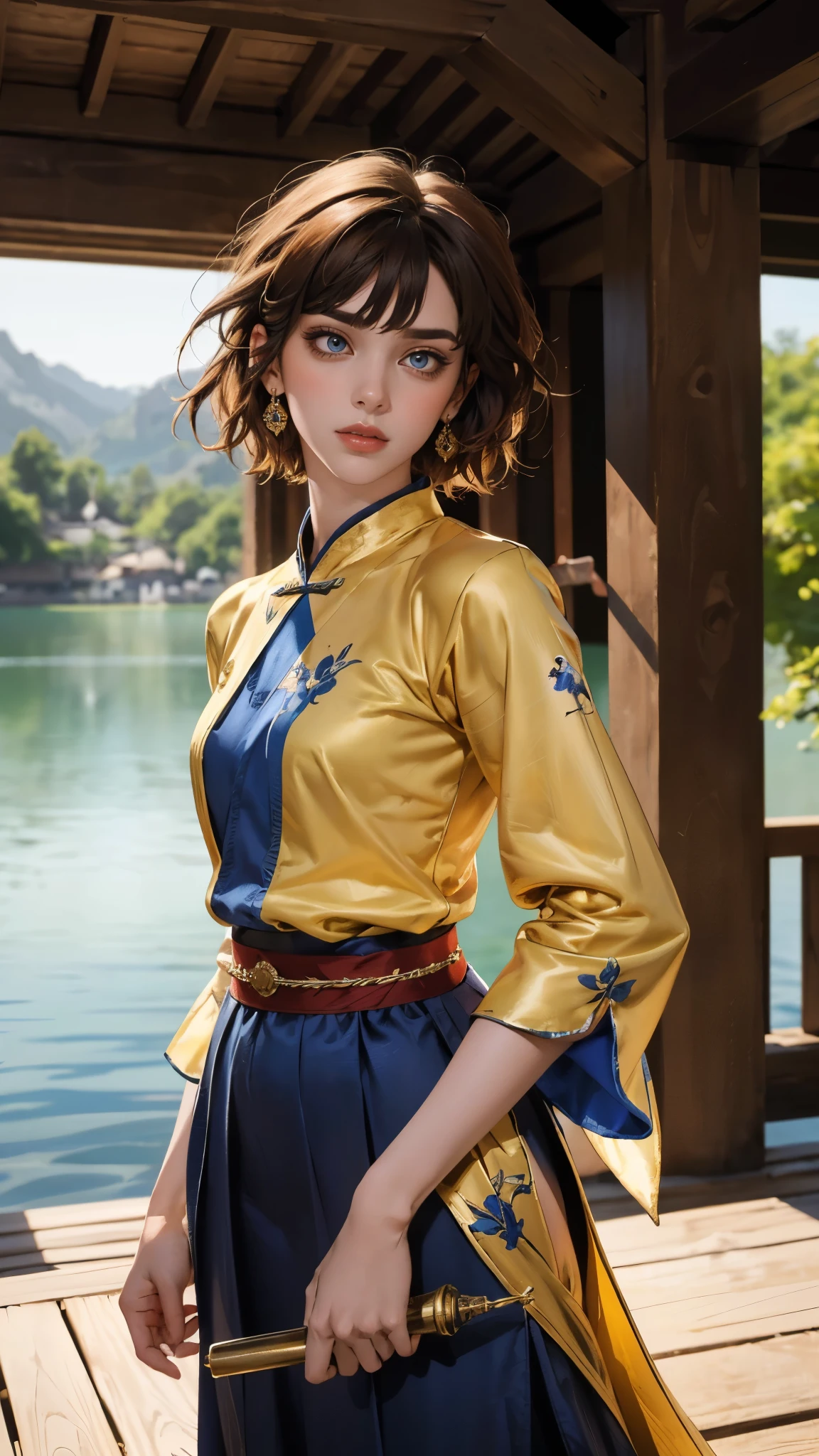 ((A woman with tousled vibrant red short hair, side-swept bangs, sharply arched eyebrows, sharp upward-arched thick eyebrows, sharp gaze, slender elongated face, a slim figure, a fantasy martial arts-style loose solid-color Daoist robe, wide billowing sleeves, a voluminous long skirt, orange as the main color, complemented by blue accents, a small bird formed of flames flies beside her, the scene is set in a fantasy-style Chinese lakeside courtyard)), this character embodies a finely crafted a fantasy martial arts practitioner in anime style, exquisite and mature manga art style, feminine, high definition, best quality, highres, ultra-detailed, ultra-fine painting, extremely delicate, professional, perfect body proportions, golden ratio, anatomically correct, symmetrical face, extremely detailed eyes and face, high quality eyes, creativity, RAW photo, UHD, 32k, Natural light, cinematic lighting, masterpiece-anatomy-perfect, masterpiece:1.5