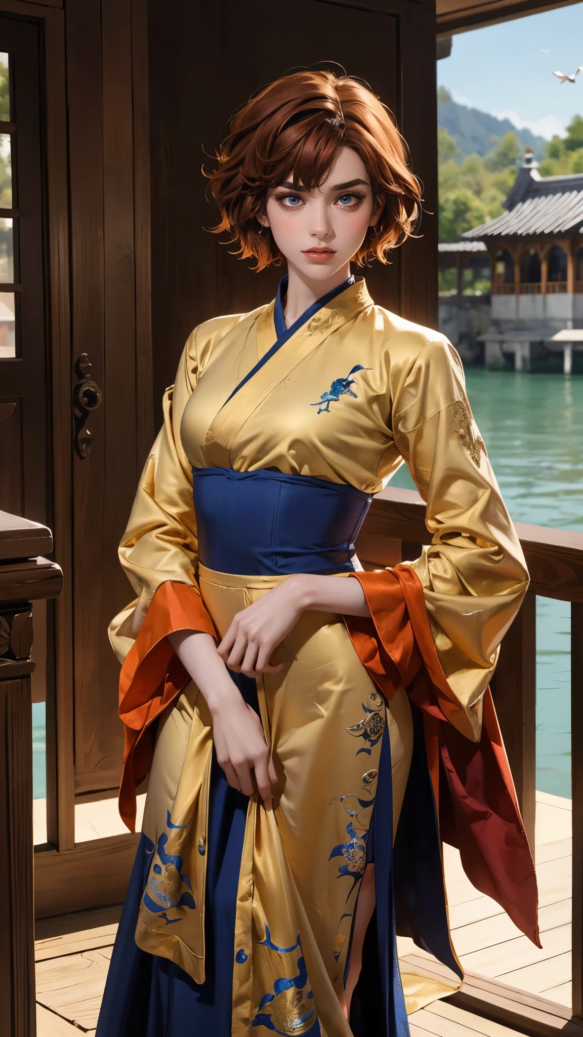 ((A woman with tousled vibrant red short hair, side-swept bangs, sharply arched eyebrows, sharp upward-arched thick eyebrows, sharp gaze, slender elongated face, a slim figure, a fantasy martial arts-style loose solid-color Daoist robe, wide billowing sleeves, a voluminous long skirt, orange as the main color, complemented by blue accents, a small bird formed of flames flies beside her, the scene is set in a fantasy-style Chinese lakeside courtyard)), this character embodies a finely crafted a fantasy martial arts practitioner in anime style, exquisite and mature manga art style, feminine, high definition, best quality, highres, ultra-detailed, ultra-fine painting, extremely delicate, professional, perfect body proportions, golden ratio, anatomically correct, symmetrical face, extremely detailed eyes and face, high quality eyes, creativity, RAW photo, UHD, 32k, Natural light, cinematic lighting, masterpiece-anatomy-perfect, masterpiece:1.5