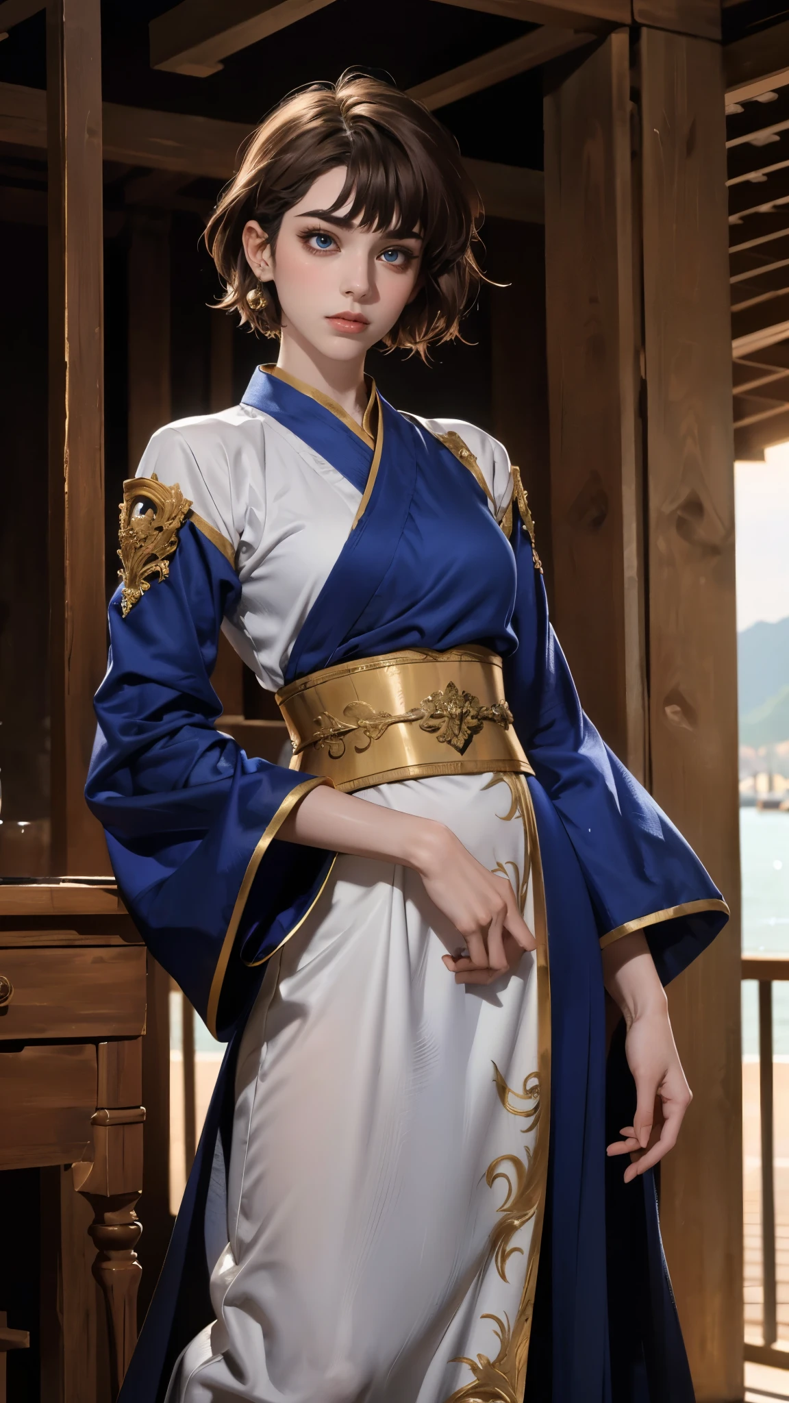 ((A woman with tousled vibrant red short hair, side-swept bangs, sharply arched eyebrows, sharp upward-arched thick eyebrows, sharp gaze, slender elongated face, a slim figure, a fantasy martial arts-style loose solid-color Daoist robe, wide billowing sleeves, a voluminous long skirt, orange as the main color, complemented by blue accents, a small bird formed of flames flies beside her, the scene is set in a fantasy-style Chinese lakeside courtyard)), this character embodies a finely crafted a fantasy martial arts practitioner in anime style, exquisite and mature manga art style, feminine, high definition, best quality, highres, ultra-detailed, ultra-fine painting, extremely delicate, professional, perfect body proportions, golden ratio, anatomically correct, symmetrical face, extremely detailed eyes and face, high quality eyes, creativity, RAW photo, UHD, 32k, Natural light, cinematic lighting, masterpiece-anatomy-perfect, masterpiece:1.5