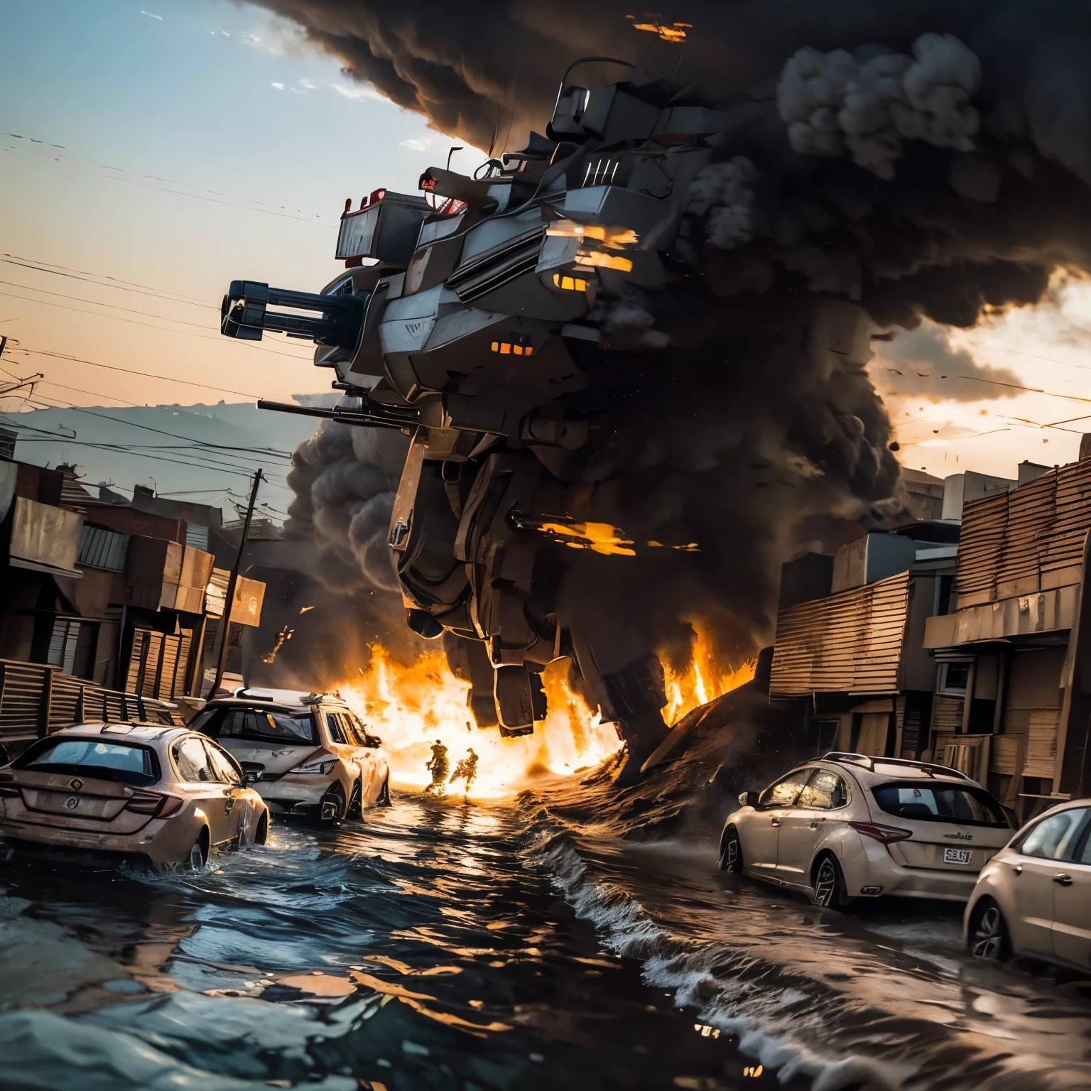 (highest quality、4k、8k、High resolution、masterpiece: 1.2)、Super detailed、(real、photorealistic、photorealistic: 1.37)、SF、Alien Giant Battle Mech、destroyed metropolis、(one young beautiful japanese woman:1.5)、Possesses the power of a fire spirit、The alien challenge、urban decline、blazing flame、Collapsing high rise buildings、rising smoke、fierce battle、Flying sparks、swirling rubble、ruined cityscape、futuristic atmosphere、vivid colors、Otherworldly energy、dynamic composition、Cinematic Lighting、post-apocalyptic setting、determined look、confident attitude、hair fluttering in the wind、shining eyes、shining runes、technologically advanced weapons、epic showdown、Epic scale、Awe-inspiring heroic struggle、Last resistance、dystopian future、Fate, humanity loses its balance、Intense emotions arise。