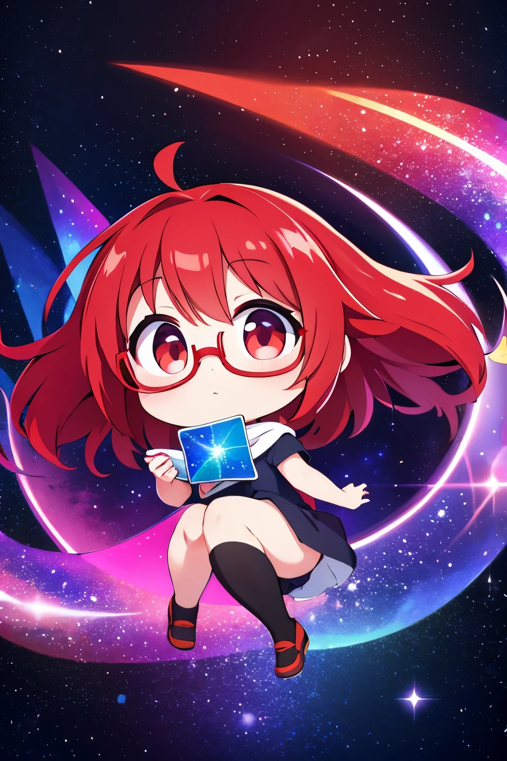 Chibi girl teaching cosmology、red glasses、Galaxy painting on background