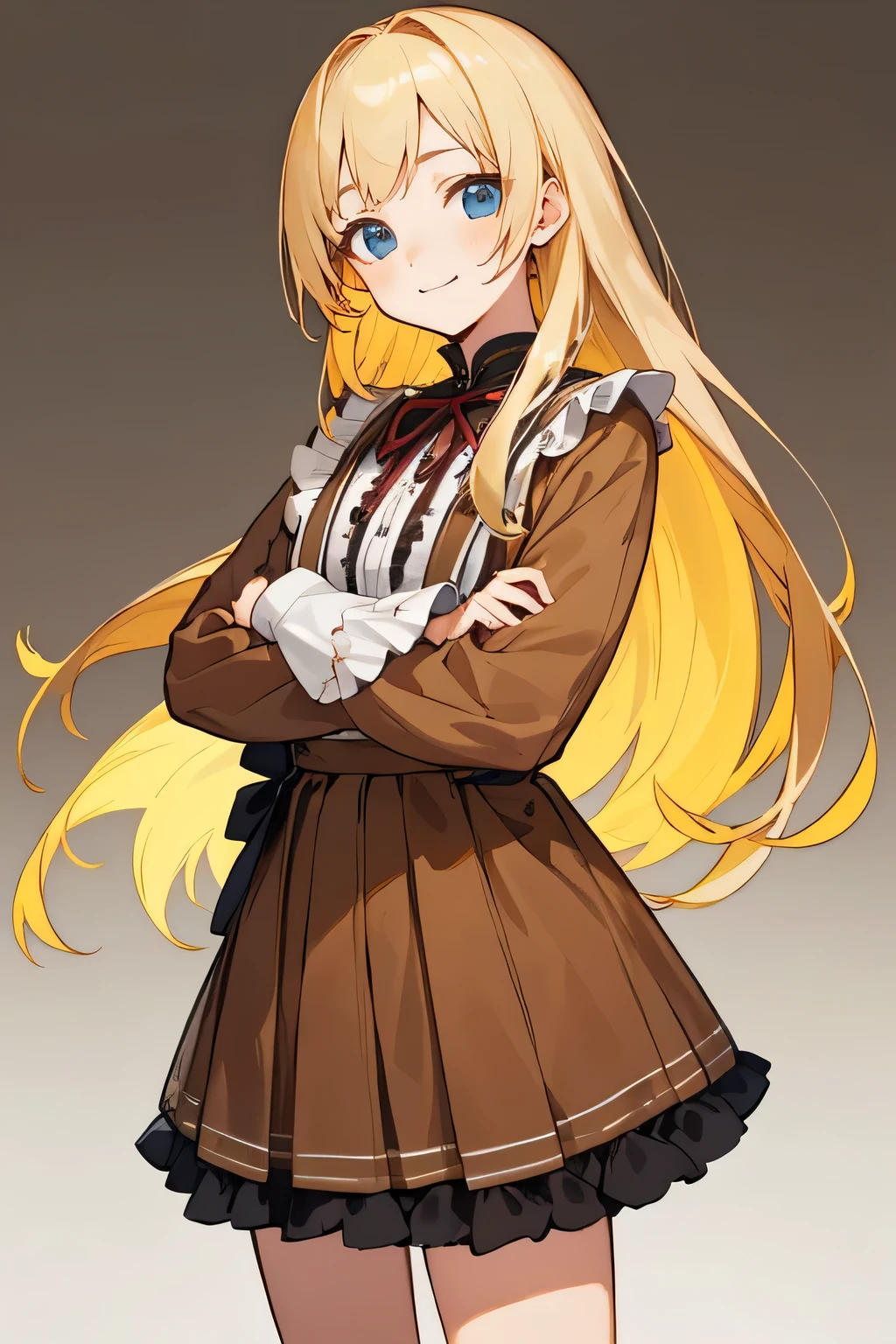 ((highest quality)), ((masterpiece)), (be familiar with), perfect face , smile with your mouth closed, Detective , blonde , long hair , looking at the viewer, cowboy shot,  Are standing,  1 girl, upright , Detective-like clothing , brown clothes ,frills , No pose , (simple background) , take no pose