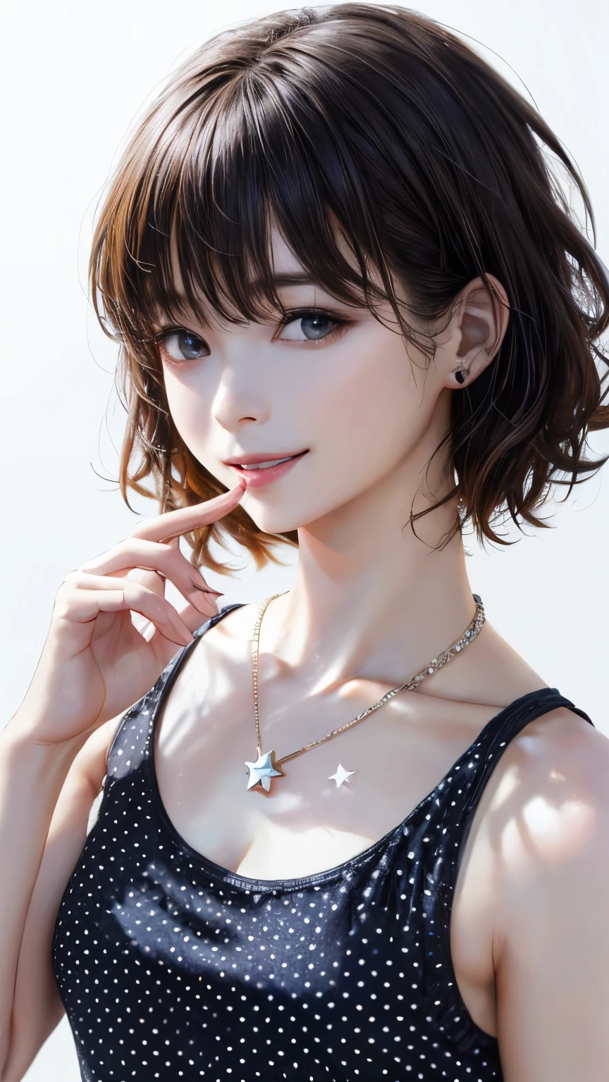 (highest quality、8K、32k、masterpiece)、(realistic)、(Photoreal:1.2)、(High resolution)、Super detailed、very beautiful face and eyes、1 girl、round and small face、thin waist、delicate body、(highest quality、high detail、Rich skin details)、(highest quality、8K、oil paint:1.2)、Super detailed、(realistic、realistic:1.37)、bright colors、(((black hair)))、(((medium hair)))、(((full body shot)))、(((pure white wall background)))、(((pure white wall background)))、(((I&#39;m smiling)))、(((I&#39;m wearing a polka dot tank top)))、(((Has a challenging look)))、(((wearing a star necklace)))、(((Touching my mouth)))、(((put your hand on your lips)))、