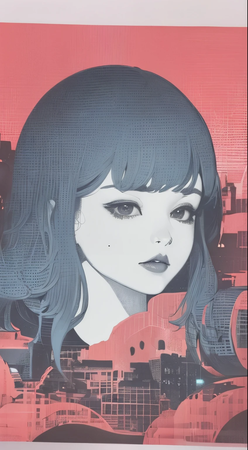 (masterpiece, best quality), beautiful woman, wavy hair, assymetrical bangs, printed micro bikini, perfect face, beautiful face, alluring, big gorgeous eyes, huge breasts, soft smile, perfect slim fit body, waist, thighs, beachside, (outdoor), tropical island, bright colors, (risograph)