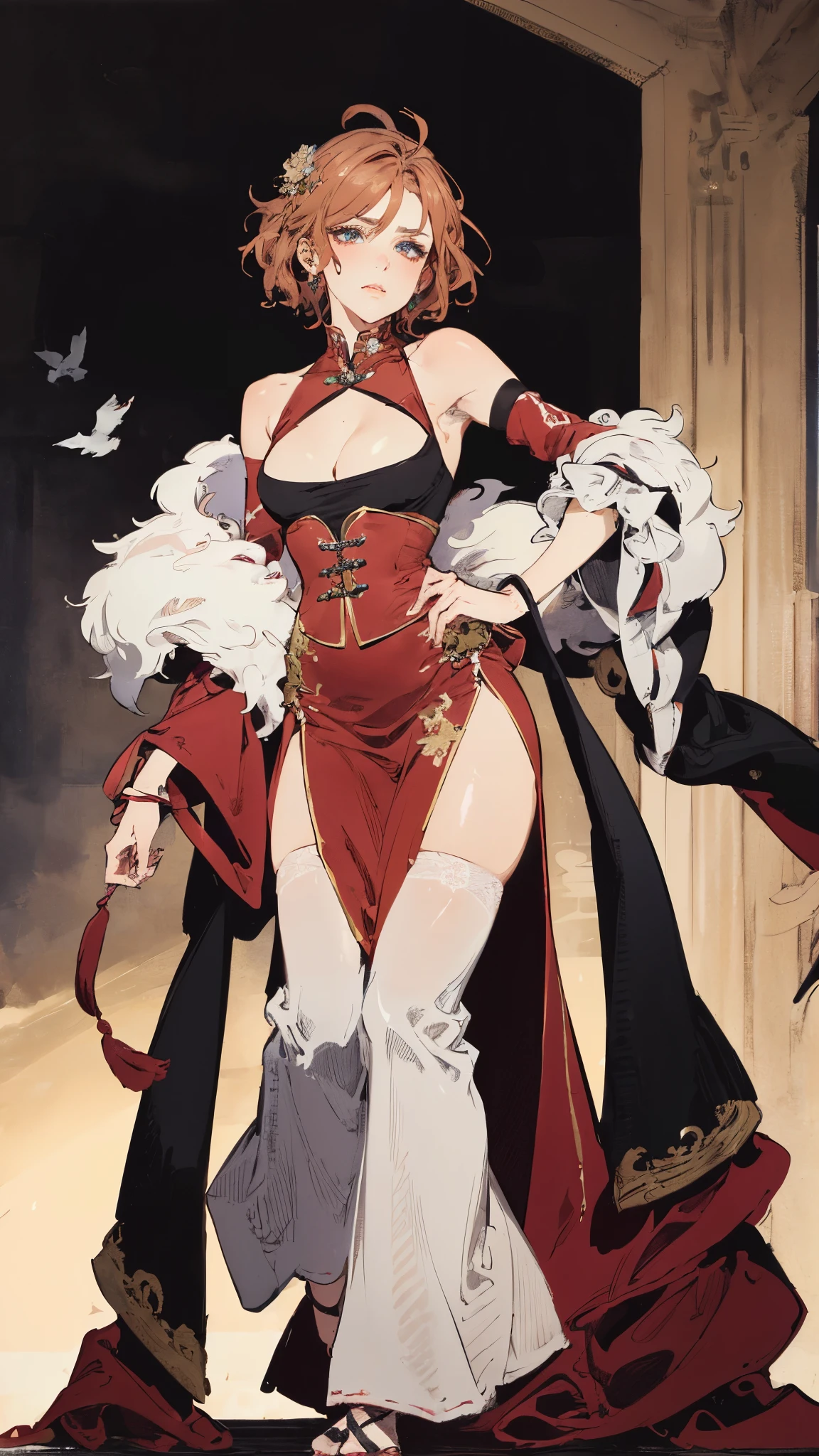 ((A woman with tousled vibrant red short hair, side-swept bangs, sharply arched eyebrows, sharp upward-arched thick eyebrows, sharp gaze, slender elongated face, a slim figure, a fantasy martial arts-style loose solid-color Daoist robe, wide billowing sleeves, a voluminous long skirt, orange as the main color, complemented by blue accents, a small bird formed of flames flies beside her, the scene is set in a fantasy-style Chinese lakeside courtyard)), this character embodies a finely crafted a fantasy martial arts practitioner in anime style, exquisite and mature manga art style, feminine, high definition, best quality, highres, ultra-detailed, ultra-fine painting, extremely delicate, professional, perfect body proportions, golden ratio, anatomically correct, symmetrical face, extremely detailed eyes and face, high quality eyes, creativity, RAW photo, UHD, 32k, Natural light, cinematic lighting, masterpiece-anatomy-perfect, masterpiece:1.5