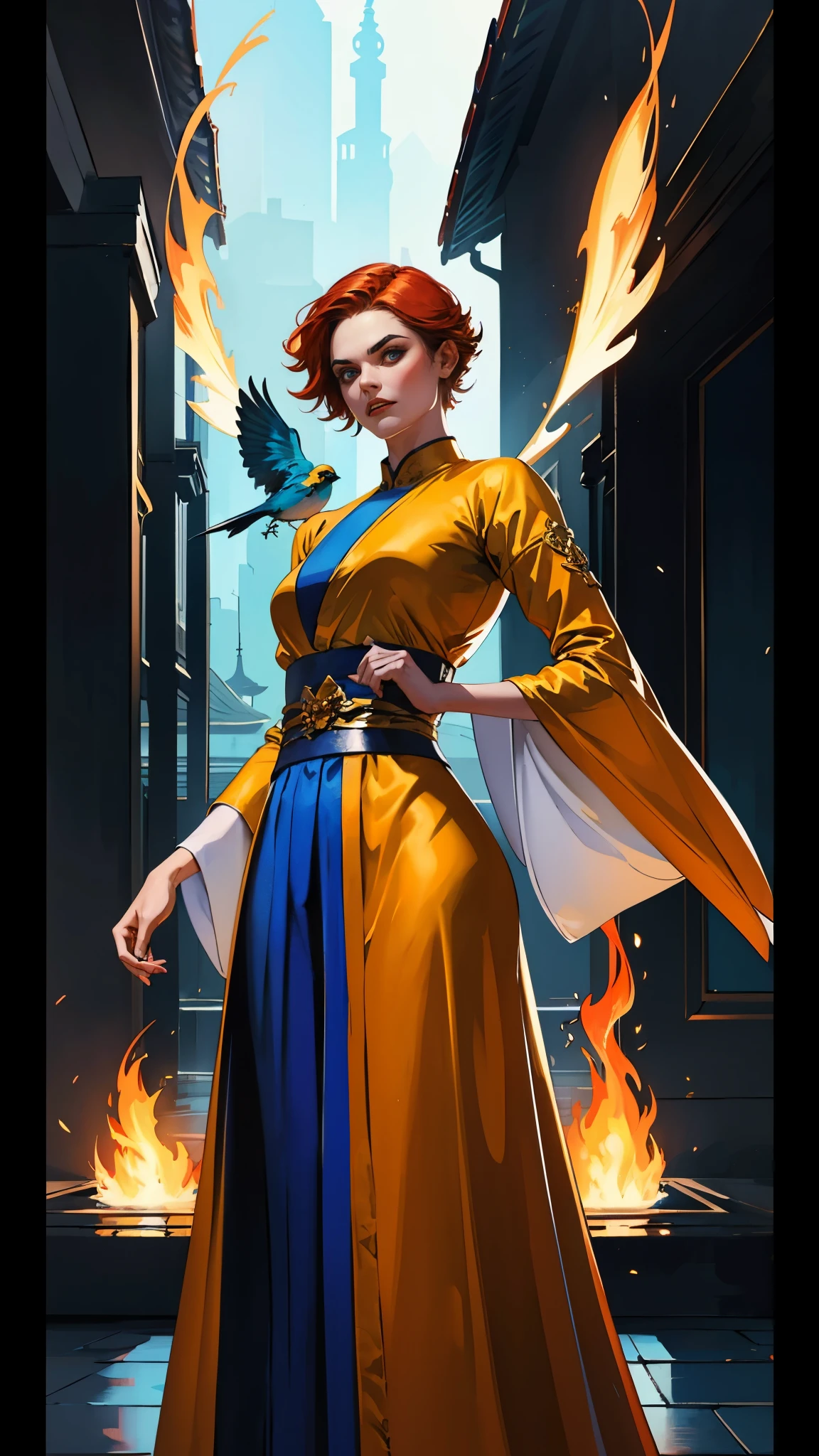 ((A woman with tousled vibrant red short hair, side-swept bangs, sharply arched eyebrows, sharp upward-arched thick eyebrows, sharp gaze, slender elongated face, a slim figure, a fantasy martial arts-style loose solid-color Daoist robe, wide billowing sleeves, a voluminous long skirt, orange as the main color, complemented by blue accents, a small bird formed of flames flies beside her, the scene is set in a fantasy-style Chinese lakeside courtyard)), this character embodies a finely crafted a fantasy martial arts practitioner in anime style, exquisite and mature manga art style, feminine, high definition, best quality, highres, ultra-detailed, ultra-fine painting, extremely delicate, professional, perfect body proportions, golden ratio, anatomically correct, symmetrical face, extremely detailed eyes and face, high quality eyes, creativity, RAW photo, UHD, 32k, Natural light, cinematic lighting, masterpiece-anatomy-perfect, masterpiece:1.5