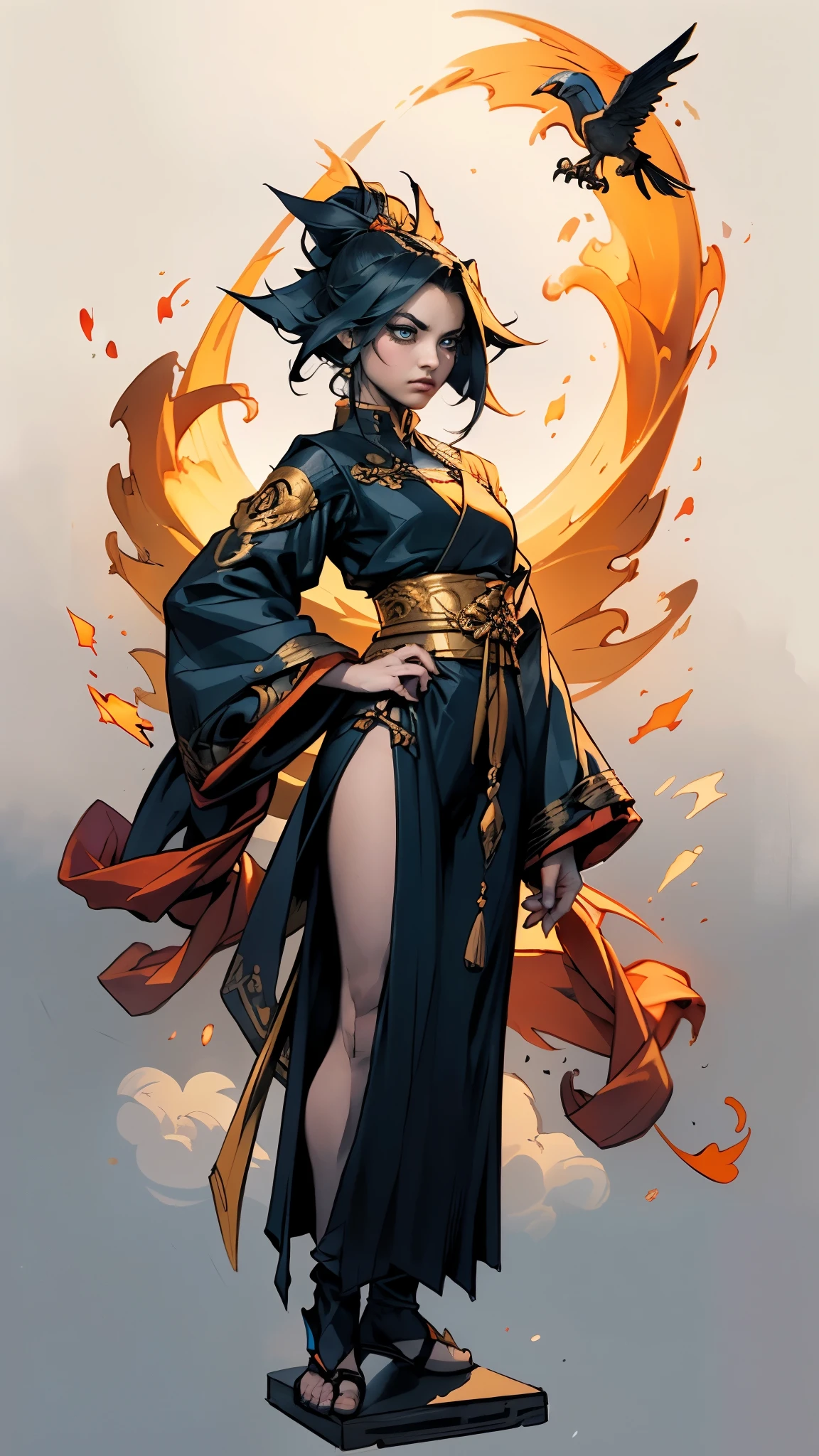 ((A woman with tousled vibrant red short hair, side-swept bangs, sharply arched eyebrows, sharp upward-arched thick eyebrows, sharp gaze, slender elongated face, a slim figure, a fantasy martial arts-style loose solid-color Daoist robe, wide billowing sleeves, a voluminous long skirt, orange as the main color, complemented by blue accents, a small bird formed of flames flies beside her, the scene is set in a fantasy-style Chinese lakeside courtyard)), this character embodies a finely crafted a fantasy martial arts practitioner in anime style, exquisite and mature manga art style, feminine, high definition, best quality, highres, ultra-detailed, ultra-fine painting, extremely delicate, professional, perfect body proportions, golden ratio, anatomically correct, symmetrical face, extremely detailed eyes and face, high quality eyes, creativity, RAW photo, UHD, 32k, Natural light, cinematic lighting, masterpiece-anatomy-perfect, masterpiece:1.5