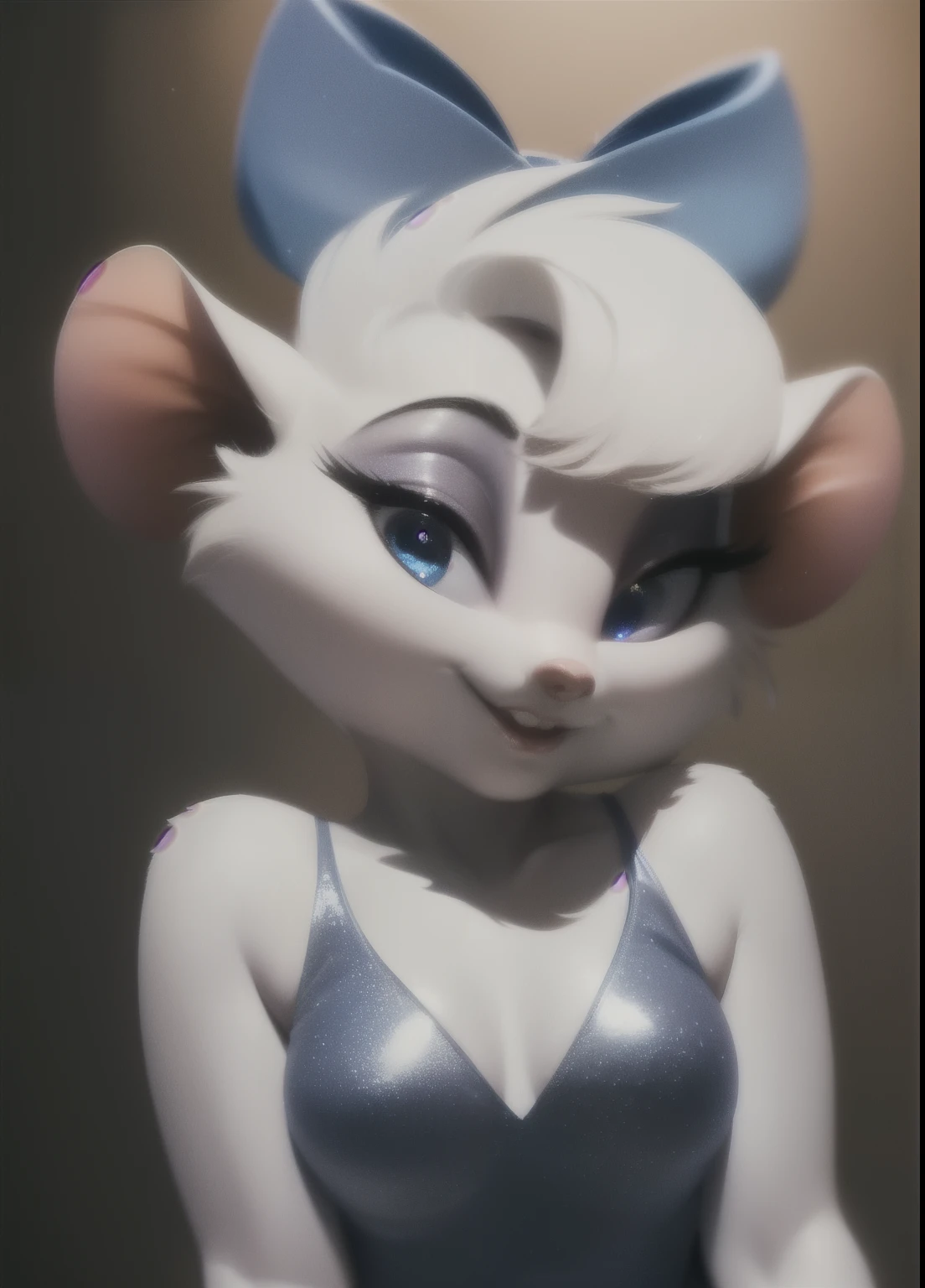 misskitty, furry female anthro, mouse girl, portrait, close-up, solo, (body fur:1.2), (best quality), portrait background, perfect lighting, (detailed fur:1.1), looking at viewer, hair bow, sparkling leotard, medium breasts, mouse tail, blue bra