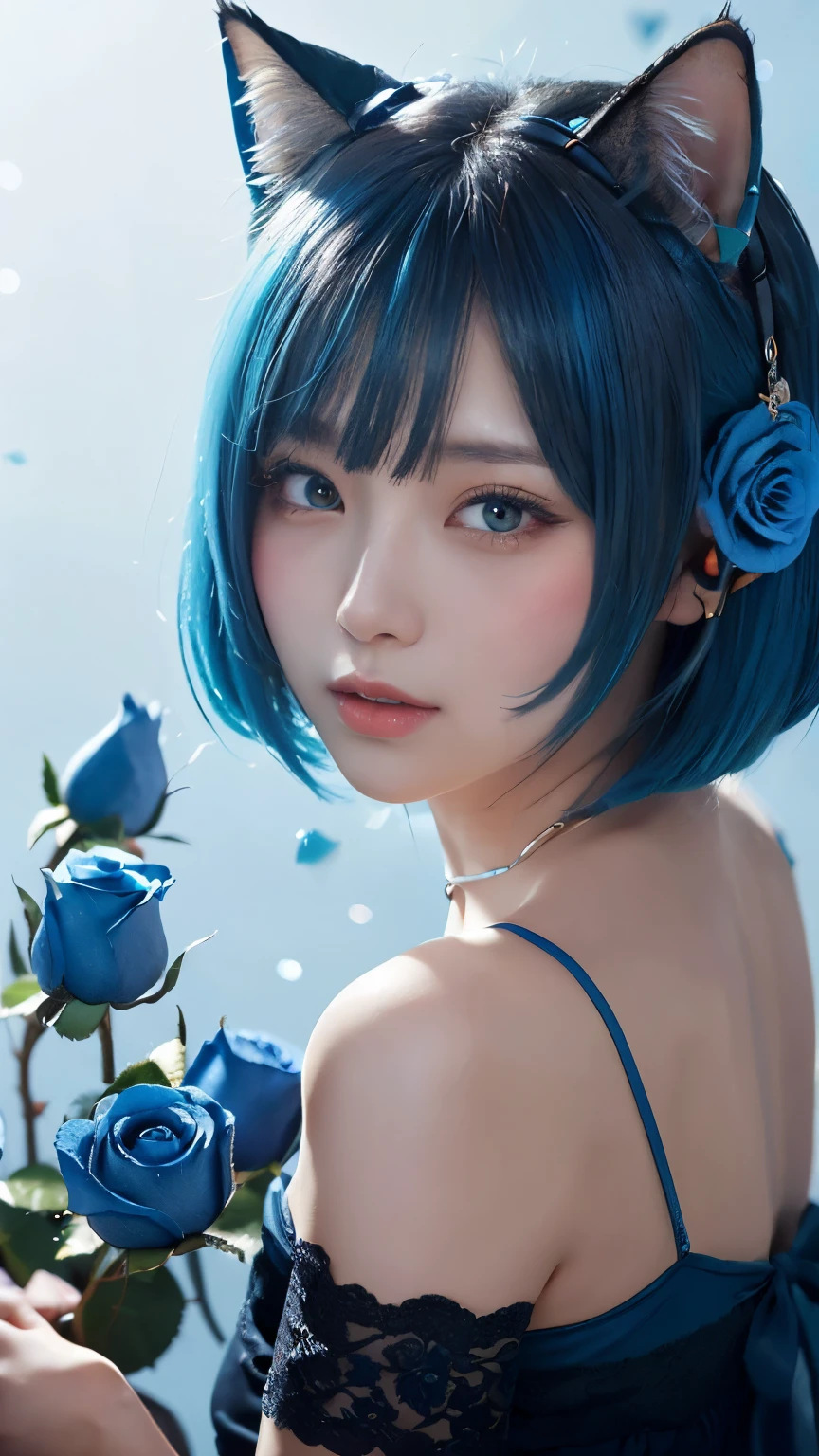 masterpiece, 4k, Bokeh, beautiful face, (multiple girls:1.4), Harem, (group photo:1.2), (Cat ear:1.3), (blue medium bob hair:1.4), (blue theme:1.6), looking at the viewer, (Blue roses:1.4), (blue cafe background:1.5),