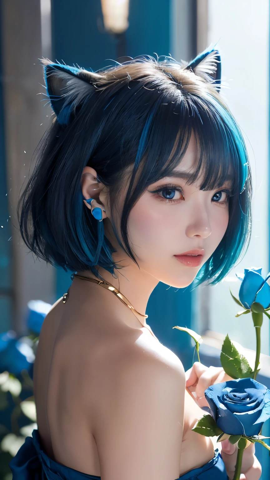masterpiece, 4k, Bokeh, beautiful face, (multiple girls:1.4), Harem, (group photo:1.2), (Cat ear:1.3), (blue medium bob hair:1.4), (blue theme:1.6), looking at the viewer, (Blue roses:1.4), (blue cafe background:1.5),