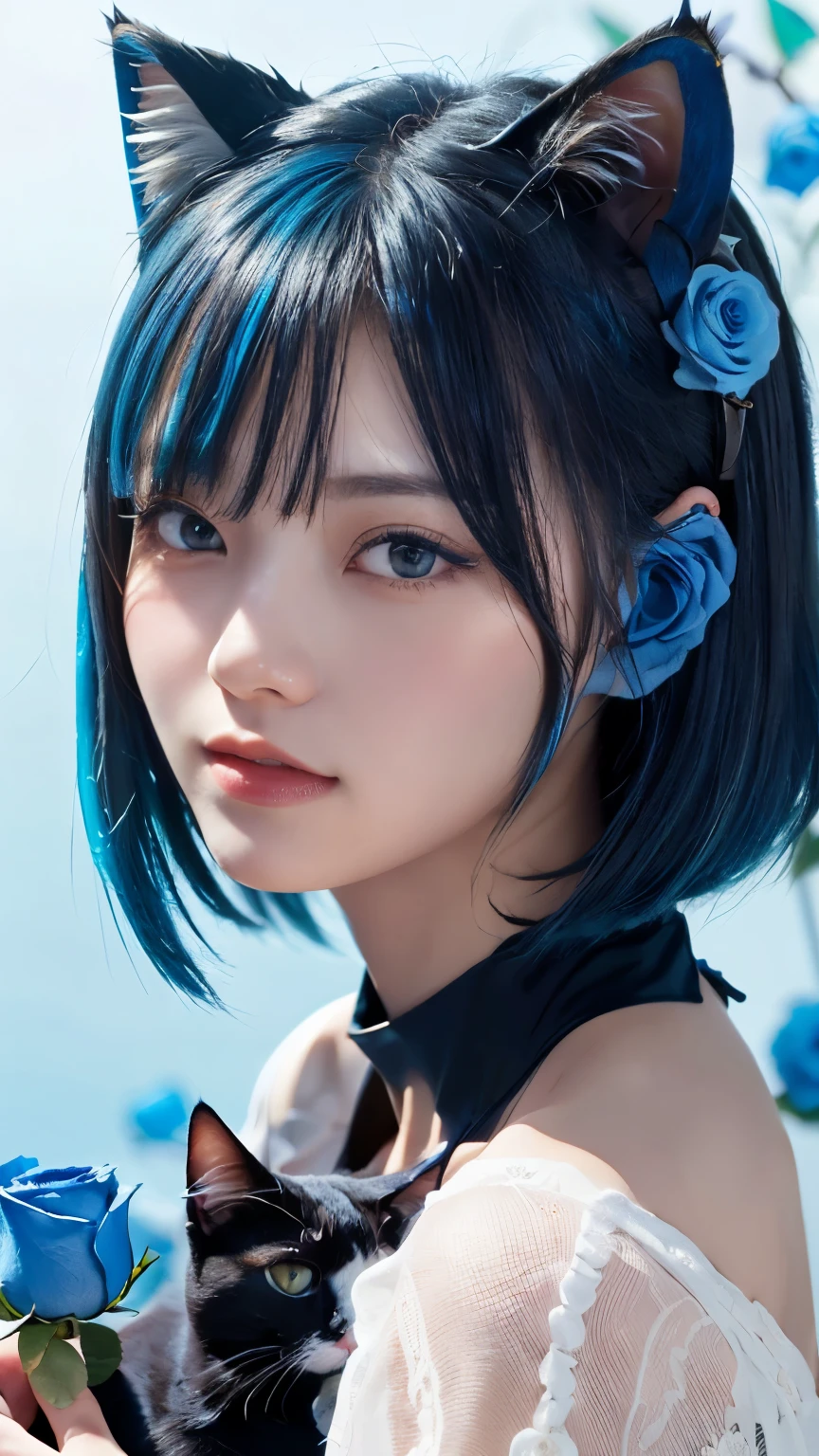 masterpiece, 4k, Bokeh, beautiful face, (multiple girls:1.4), Harem, (group photo:1.2), (Cat ear:1.3), (blue medium bob hair:1.4), (blue theme:1.6), looking at the viewer, (Blue roses:1.4), (blue cafe background:1.5), (closeup:1.4)