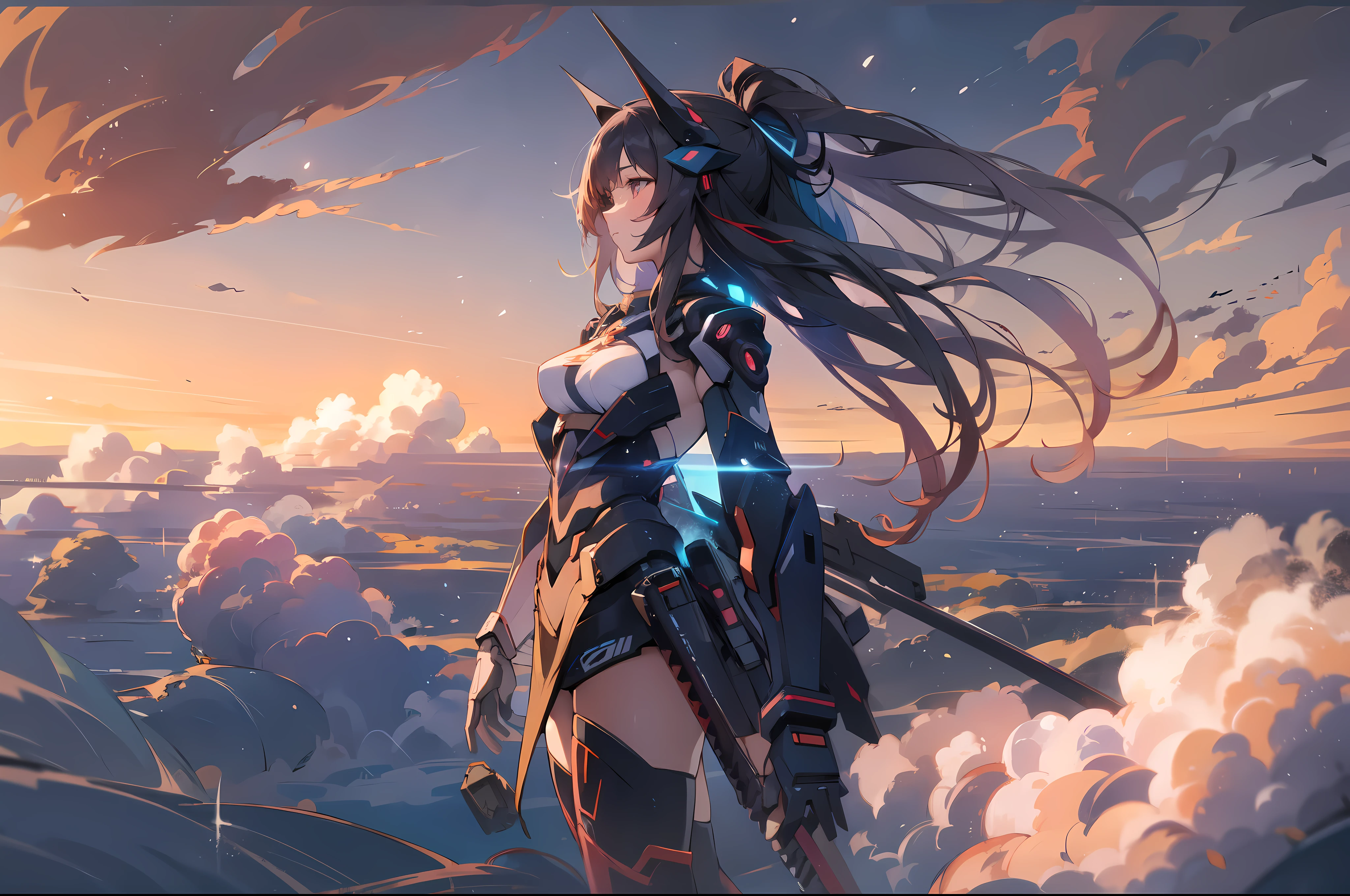 anime girl, cyber ronin, mecha, long hair, cool, sea of clouds, sunset, absurdly detailed, 8k, beautiful, high quality, wallpaper,