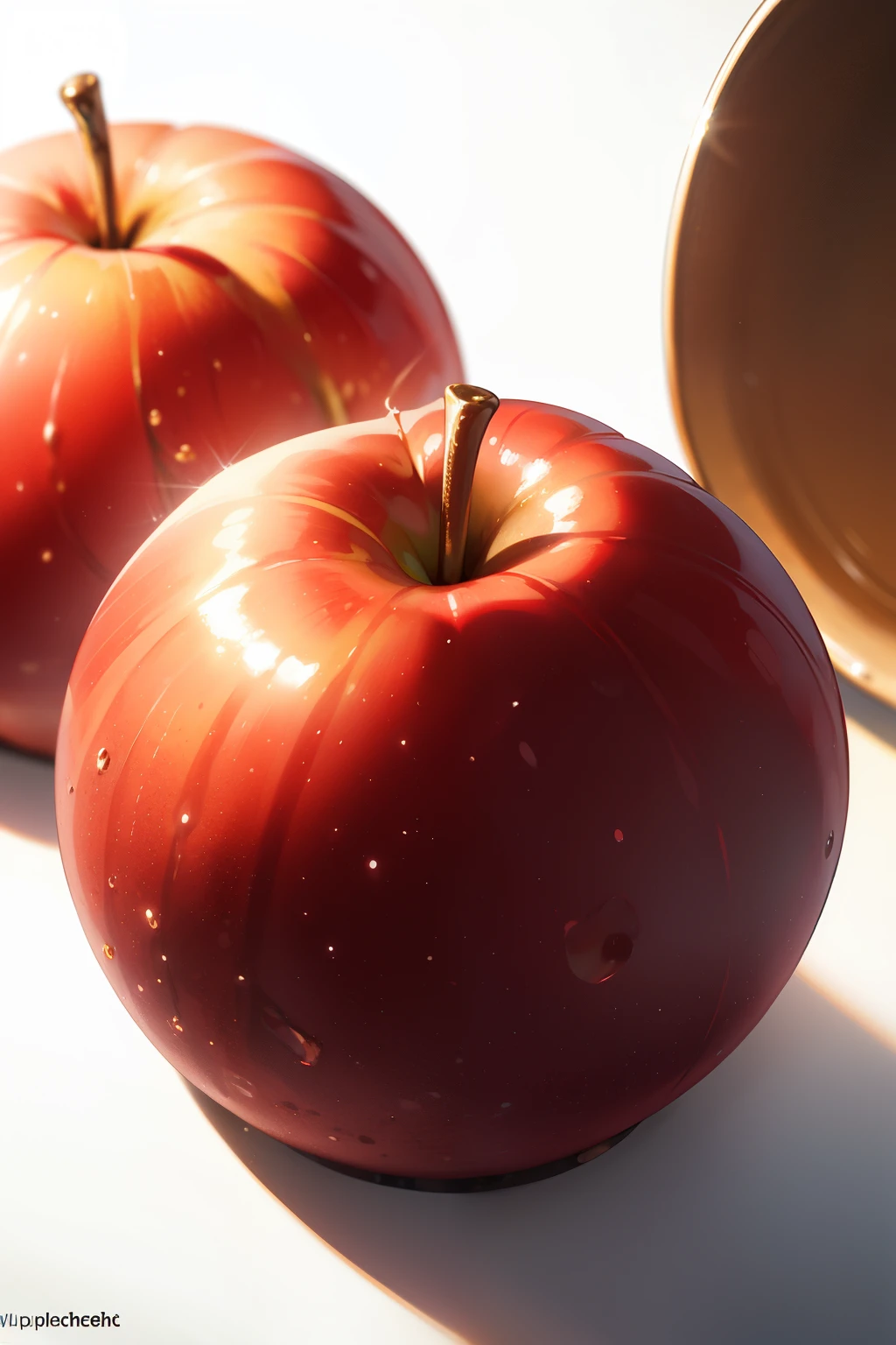 A pristine apple, glossy and ripe, red and rounded, textured surface, convex form, sunlight reflecting, juicy and crisp, vibrant colors, high-definition details, realistic rendering, close up perspective, shallow depth of field, HDR lighting, ultra-fine painting, realistic textures, sparkling highlights, bokeh background.