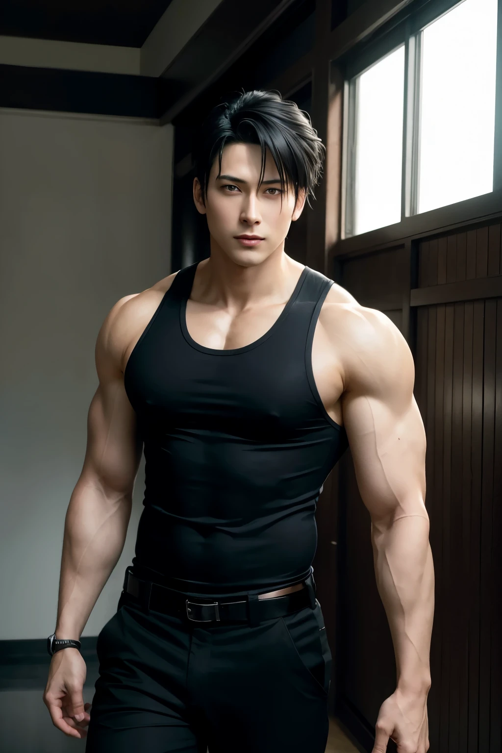 Roy Mustang from Full Metal Alchemist, wearing black tank top and black pants, bodybuilder, with oiled skin, handsome, big legs, defined body