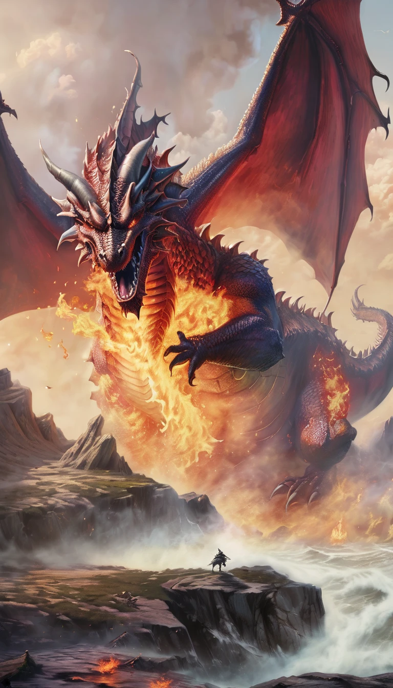 dungeons & dragons:1.5,((ultra wide angle x0.5:1.5)),( Dragon releasing flames from its mouth., cliff, Flying:1.5), ((Imaginative scene)), (( Very detailed: 1.4), ((masterpiece)), (Hyper-detailed and beautiful: 1.3), (Photorealistic: 1.4), 32k.