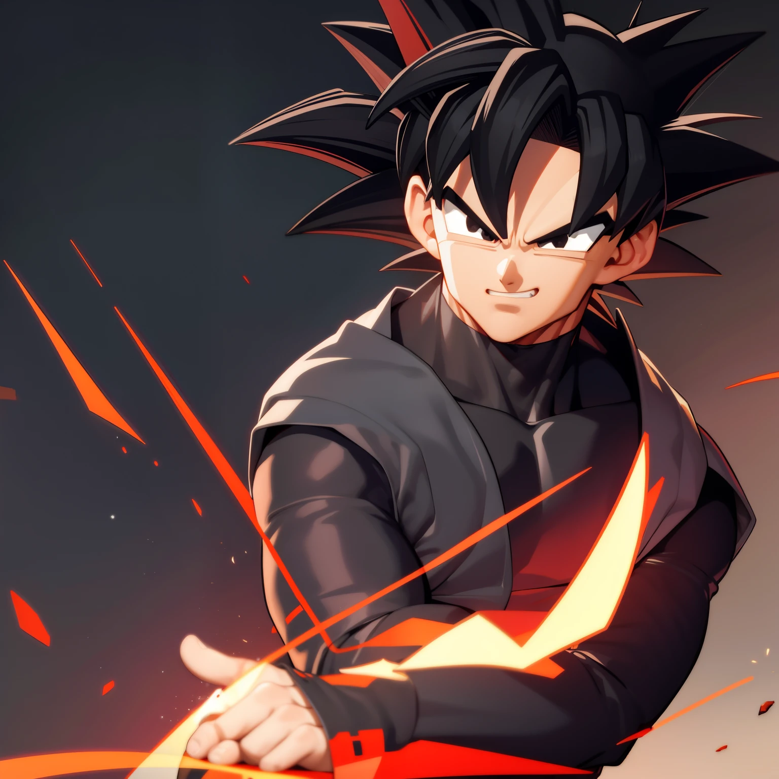 ((masterpiece, best quality)),(complex light), 1boy,solo,upper body, goku black outfit, black and red gi,black hair,black eyes,  destroyed debris background,smirk, fire, anime hair, regular hair, not goku hair