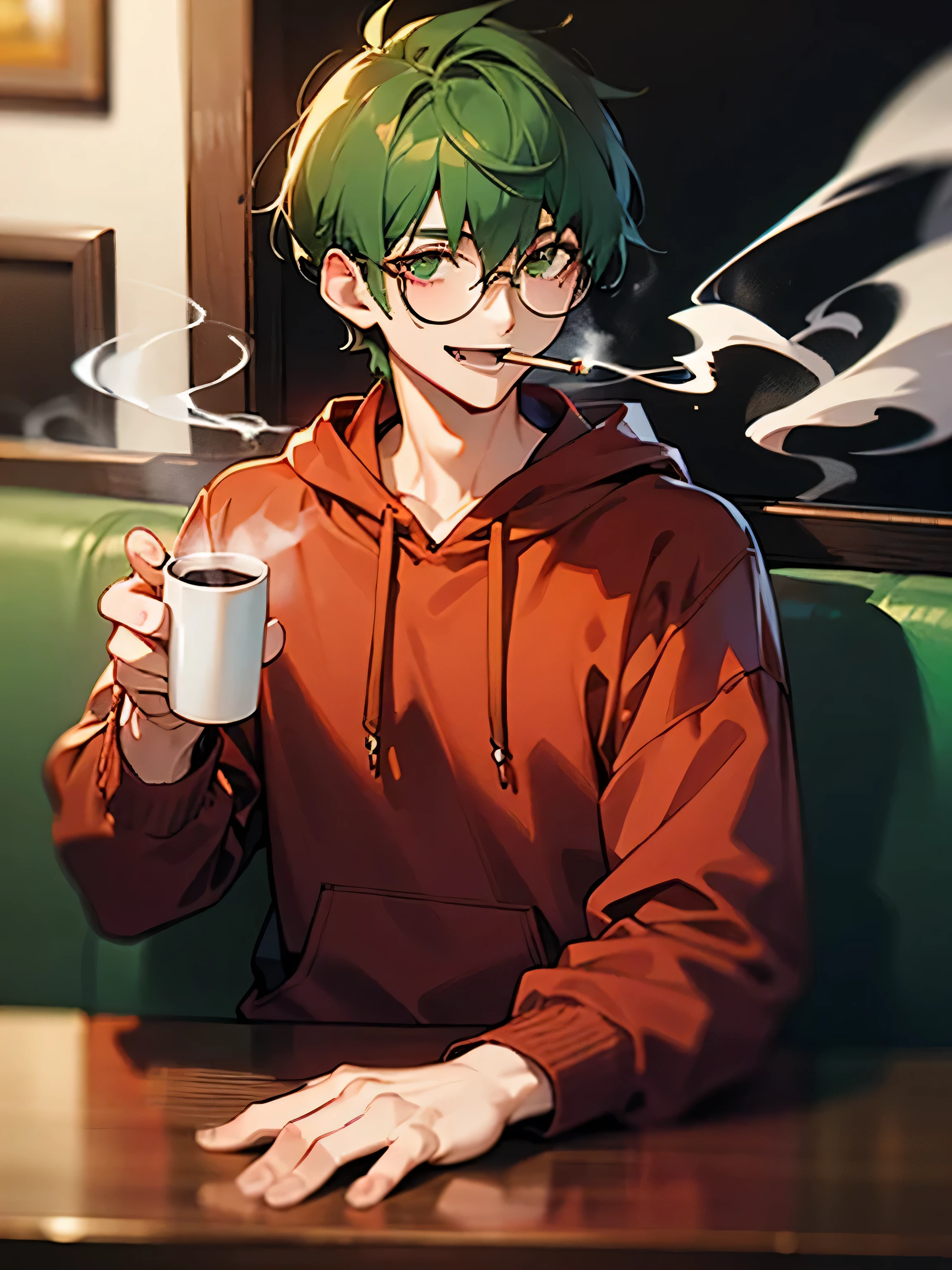 Anime guy with green hair and glasses drinking coffee, anime moe art style, anime youth, Gendo Ikari smoking a joint, 2D anime style, as an anime character, drinking coffee, High quality anime art style, makoto kano, male anime style, shigenori soejima illustration, anime style, high quality fan art