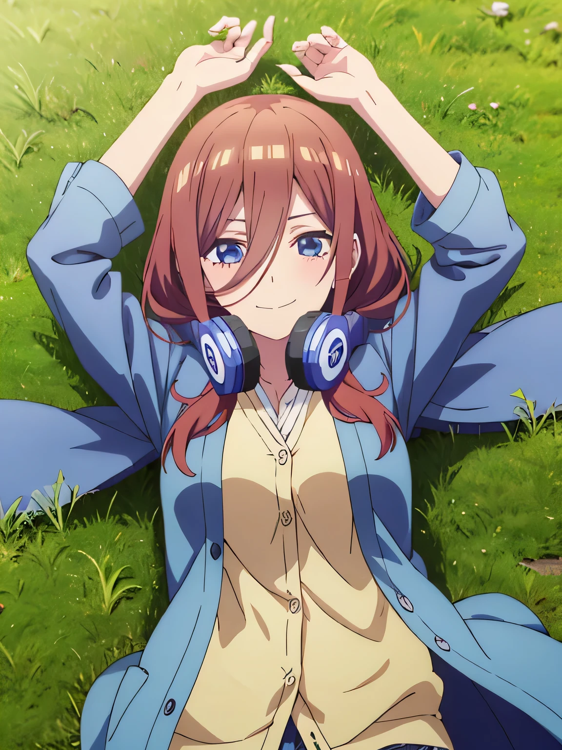 solo, 1girl, looking at viewer, anime, anime coloring, high quality solo, cowboy shot, lying, on back, on grass, spread arms, shy smile, arms up, closed mouth, miku nakano, cardigan, headphones around neck, looking at viewer, in the center,