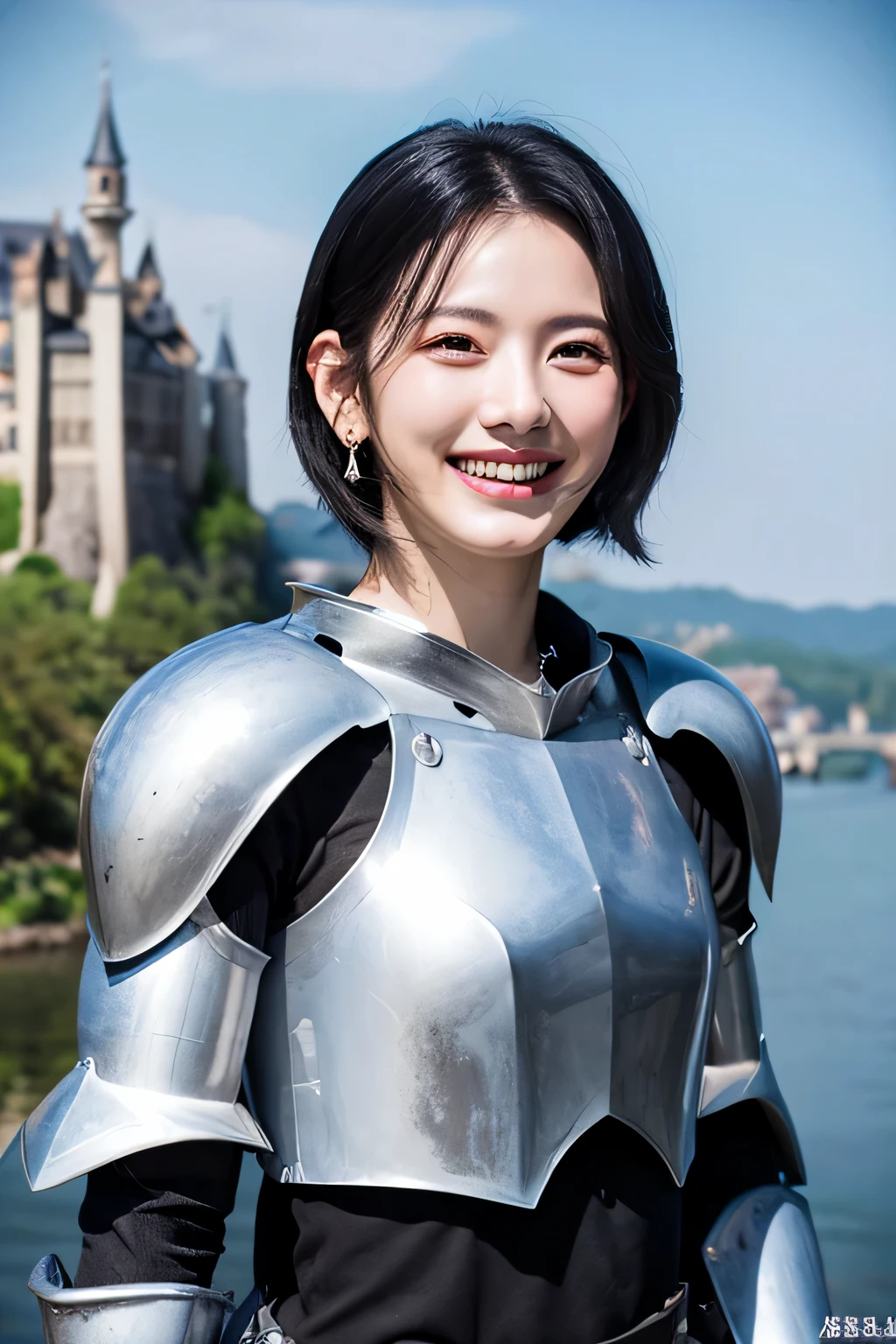 highest quality、4K、The background is a castle、slender body shape、female knight、black hair、smile、beautiful teeth、hairstyle shortcut、ear piercing、full body photo、Luxurious Silver Armor、