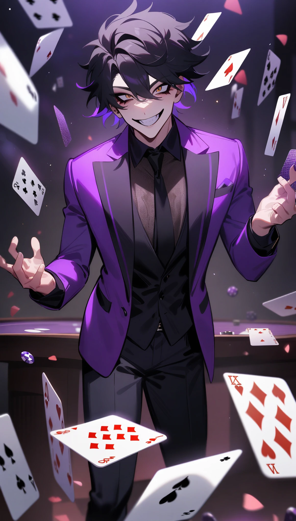newest, 1 man, male focus, Crazy or not, Horrorland, Injuried, purple suit,black hair,smile,playing cards, masterpiece, best quality, very aesthetic,