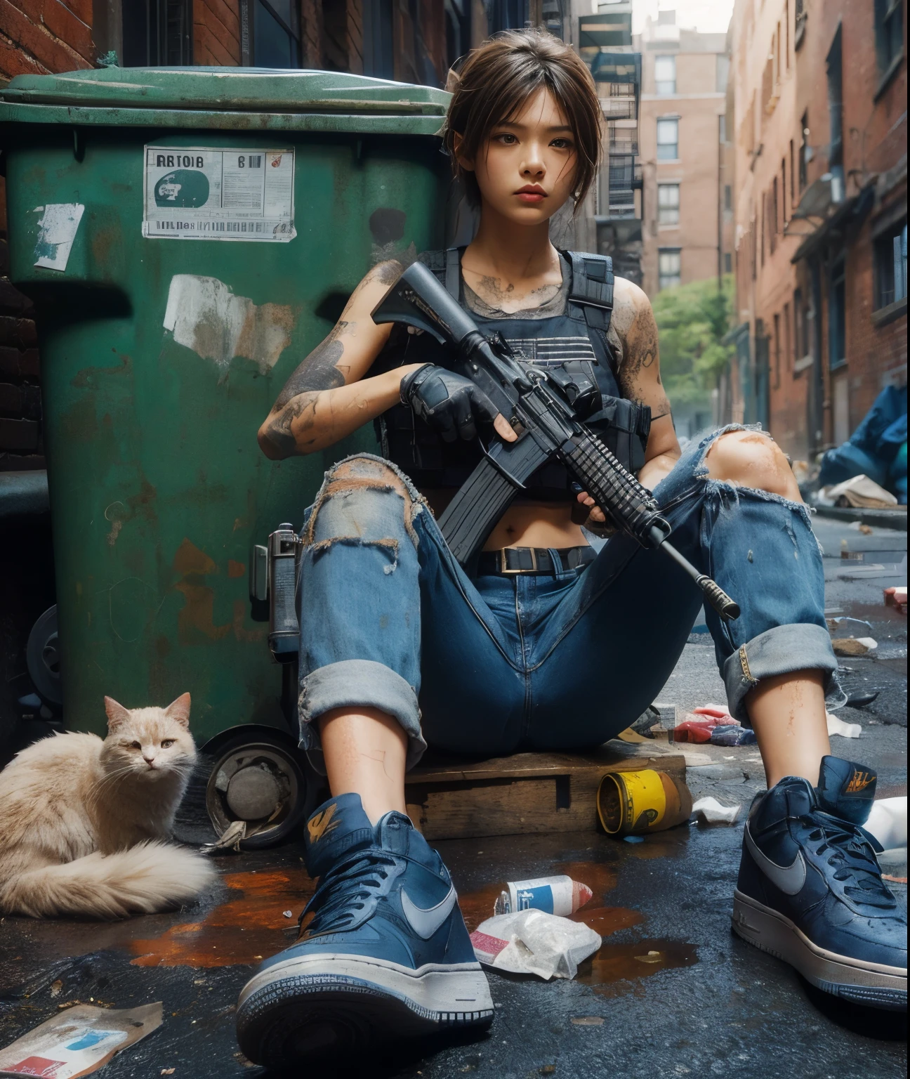  ８K,realistic photo、realistic skin texture、Beautiful Japanese women living in America、back alley in the city、garbage scattered on the street、Garbage can、stray cat、dirty shirt and jeans、nike air force 1 sneakers、bulletproof vest、automatic rifle、short cut hair、urban warfare、involved in an incident、Counterattack begins、It is dirty、moving action pose、、Dramatic and bold composition、Half body、muscle、Zoom out、fiction、Bird&#39;s-eye view