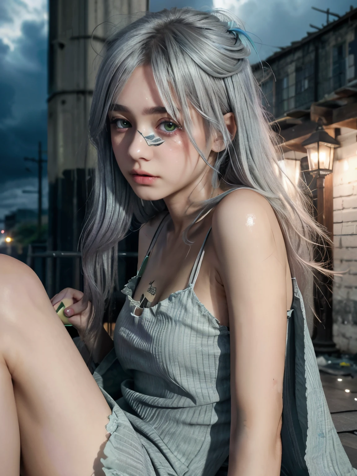 (4k), (highest quality), (best details)Slums on a cloudy night、A beautiful gloomy French maiden、Pussy、silver hair、green eyes、tattoo、torn dress、dirty face、despair、
